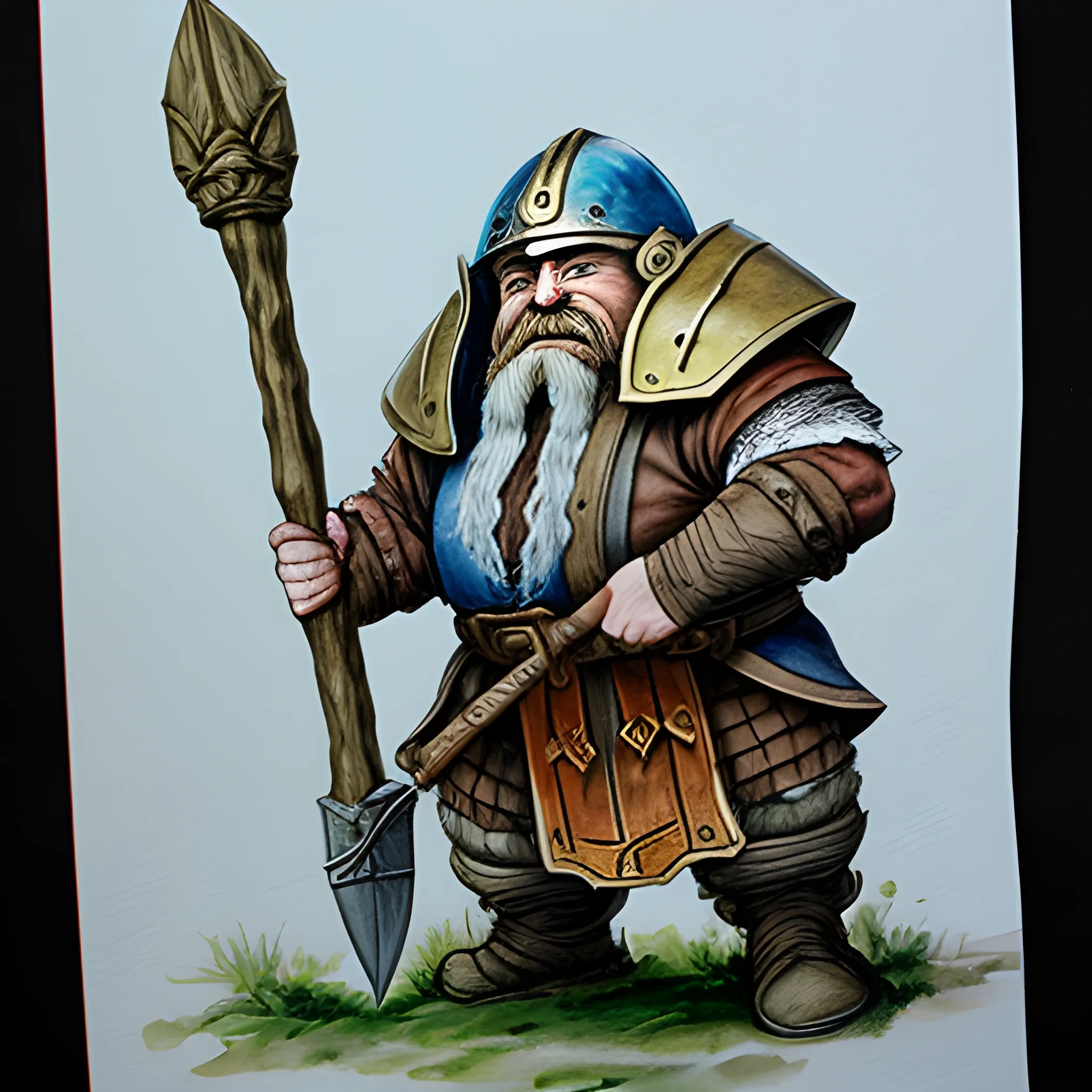 Dwarf with a Mattock, Helm and Armor, Middle Earth, Water Color