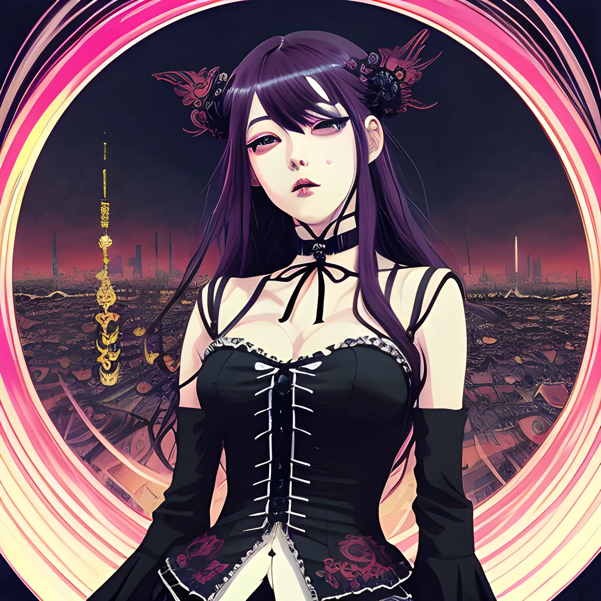 An image of a woman wearing choker in a manga art, anime style character style Art Nouveau painting, red and sillver colors, spirals,  true aesthetics, gothic fashion shot of a beautiful korean woman posing in front of a psychedelic art nouveau style. gothic style korean female, full figure, fit, ellegant tight white shirts, ties, miniskirts,  legs,  choker, long hair, classy,  beautiful faces, manga eyes, open mouth, postapocaliptic city in the background, dark night, art by Greg Rutkowski, acrylic, high contrast, colorful polychromatic, ultra detailed, ultra quality, CGSocietyHighly detailed, highest quality