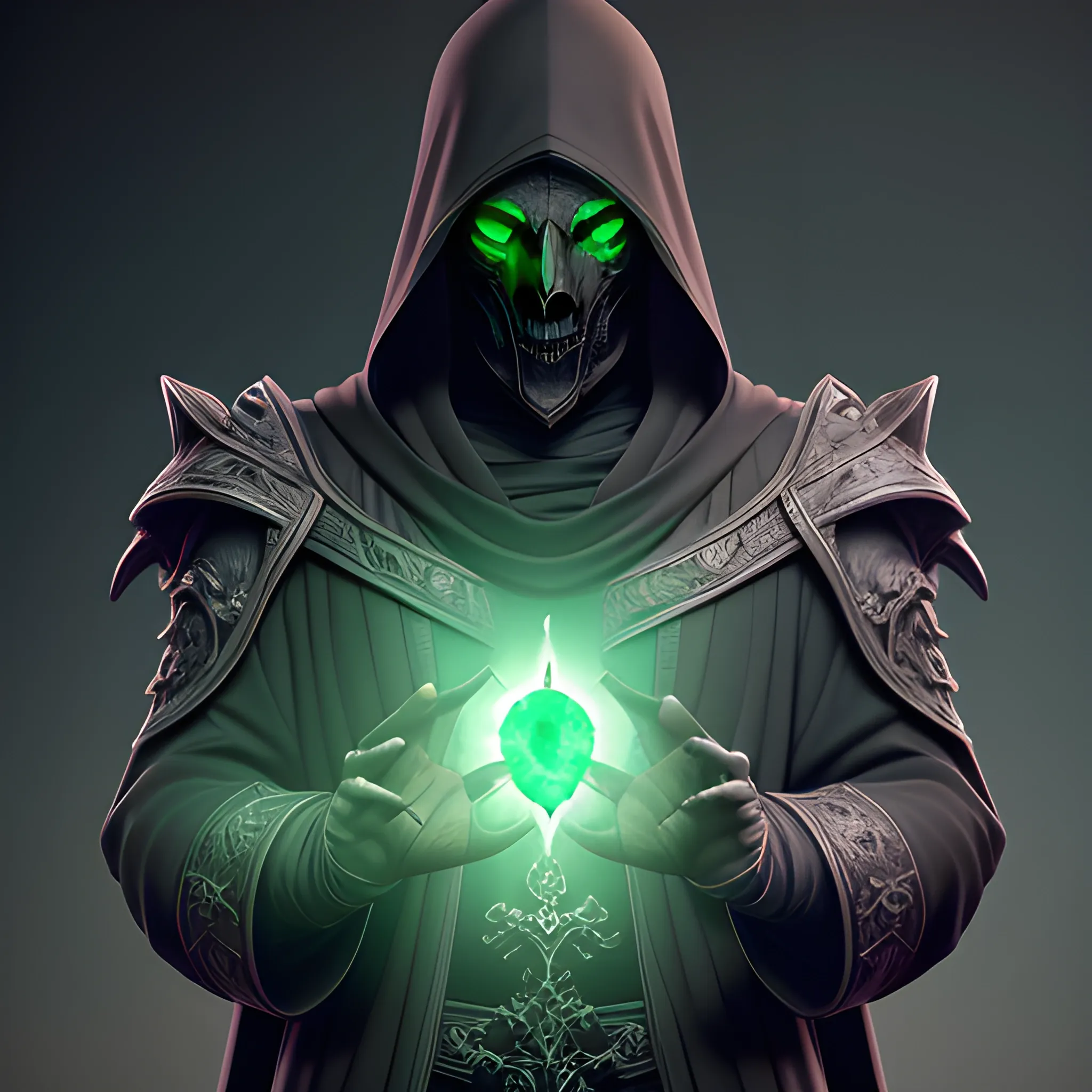 Male Necromancer, Layered Black robes, Featureless smooth mask, Wisps of green energy on the hands, Shards of Emeralds on the cloths, full body view, 8k, high resolution, high quality, photorealistic, hyperrealistic, detailed, detailed matte painting, deep color, fantastical, intricate detail, splash screen, complementary colors, fantasy concept art, 8k resolution trending on Artstation Unreal Engine 5