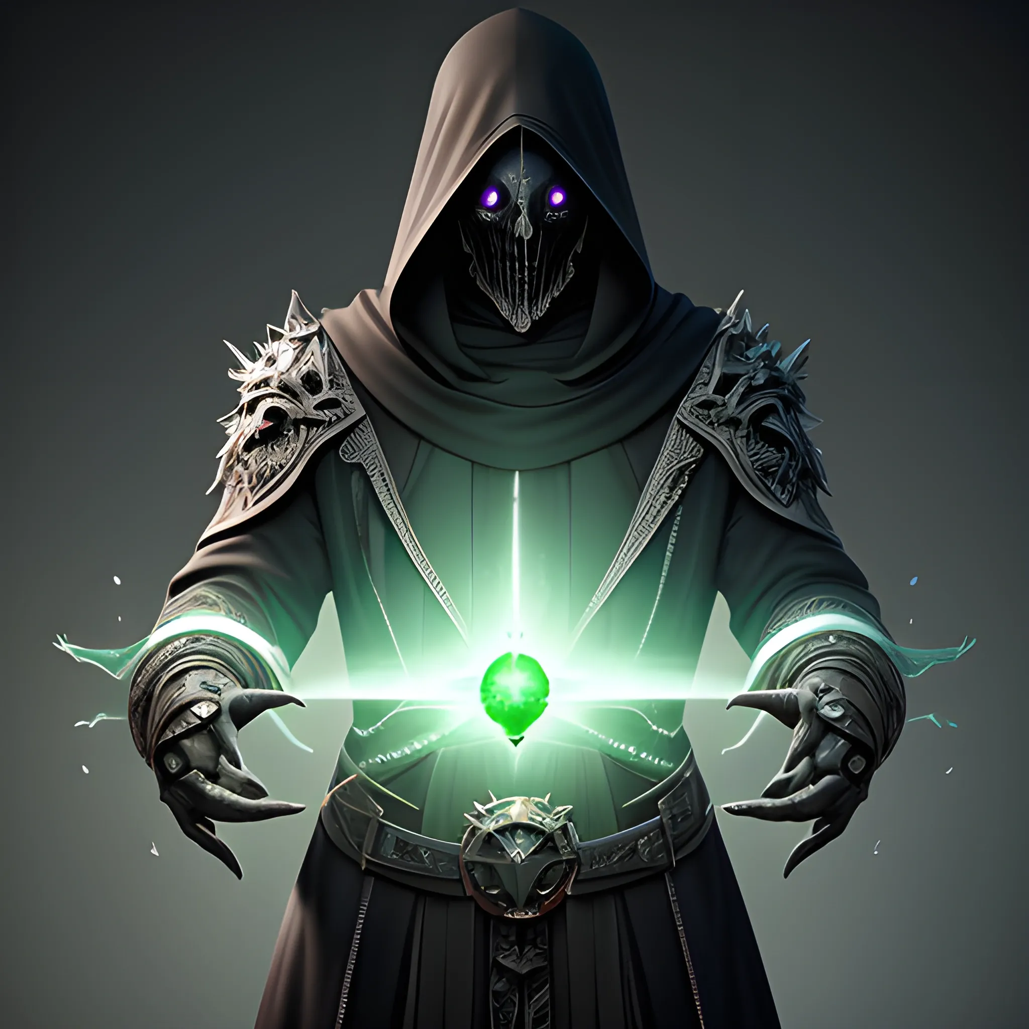 Male Necromancer, Layered Black robes, Featureless smooth mask, Wisps of green energy on the hands, Shards of Emeralds on the cloths, full body view, 8k, high resolution, high quality, photorealistic, hyperrealistic, detailed, detailed matte painting, deep color, fantastical, intricate detail, splash screen, complementary colors, fantasy concept art, 8k resolution trending on Artstation Unreal Engine 5