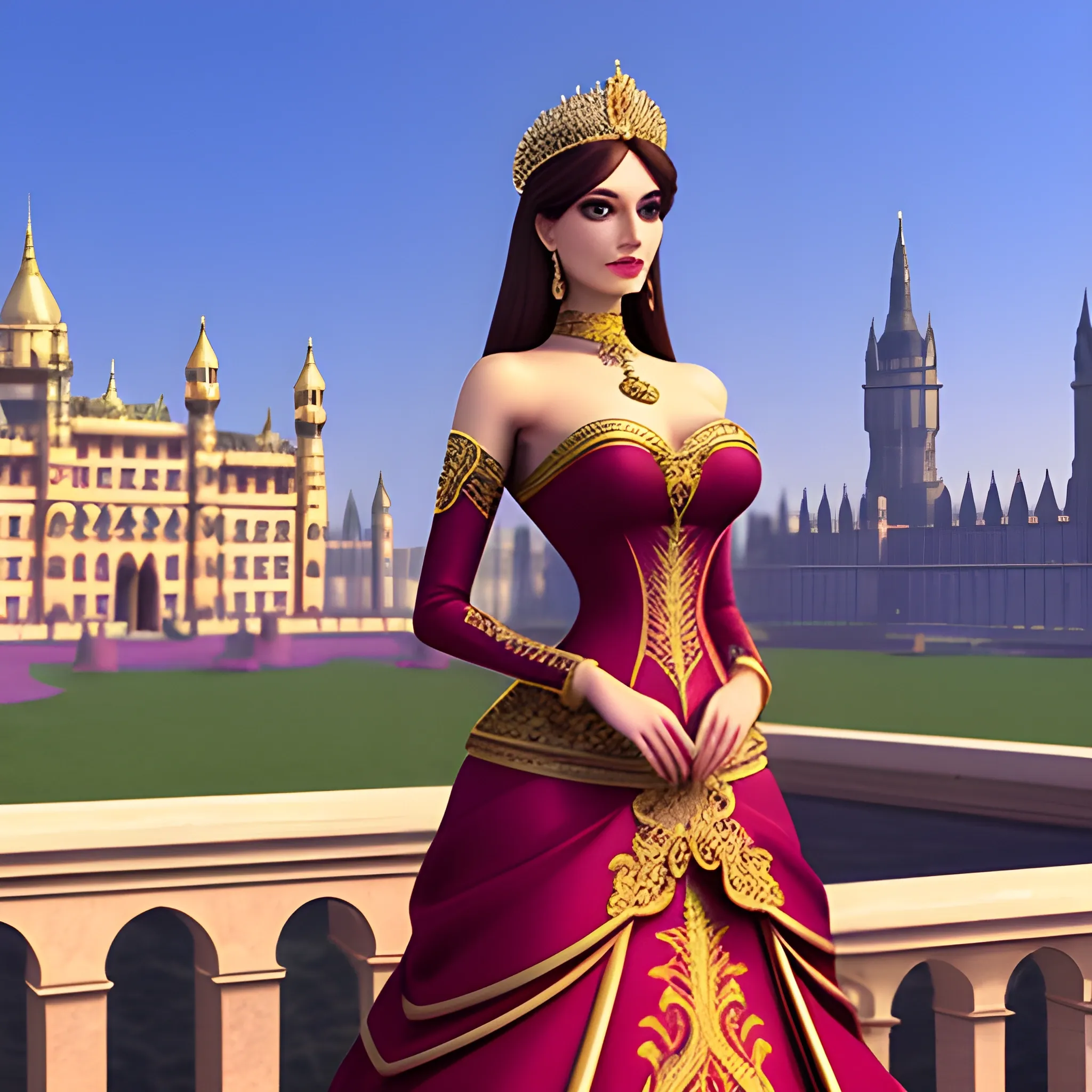 A charming young queen styled with long hair and elegant outfit with palatial buildings in the background, 3D