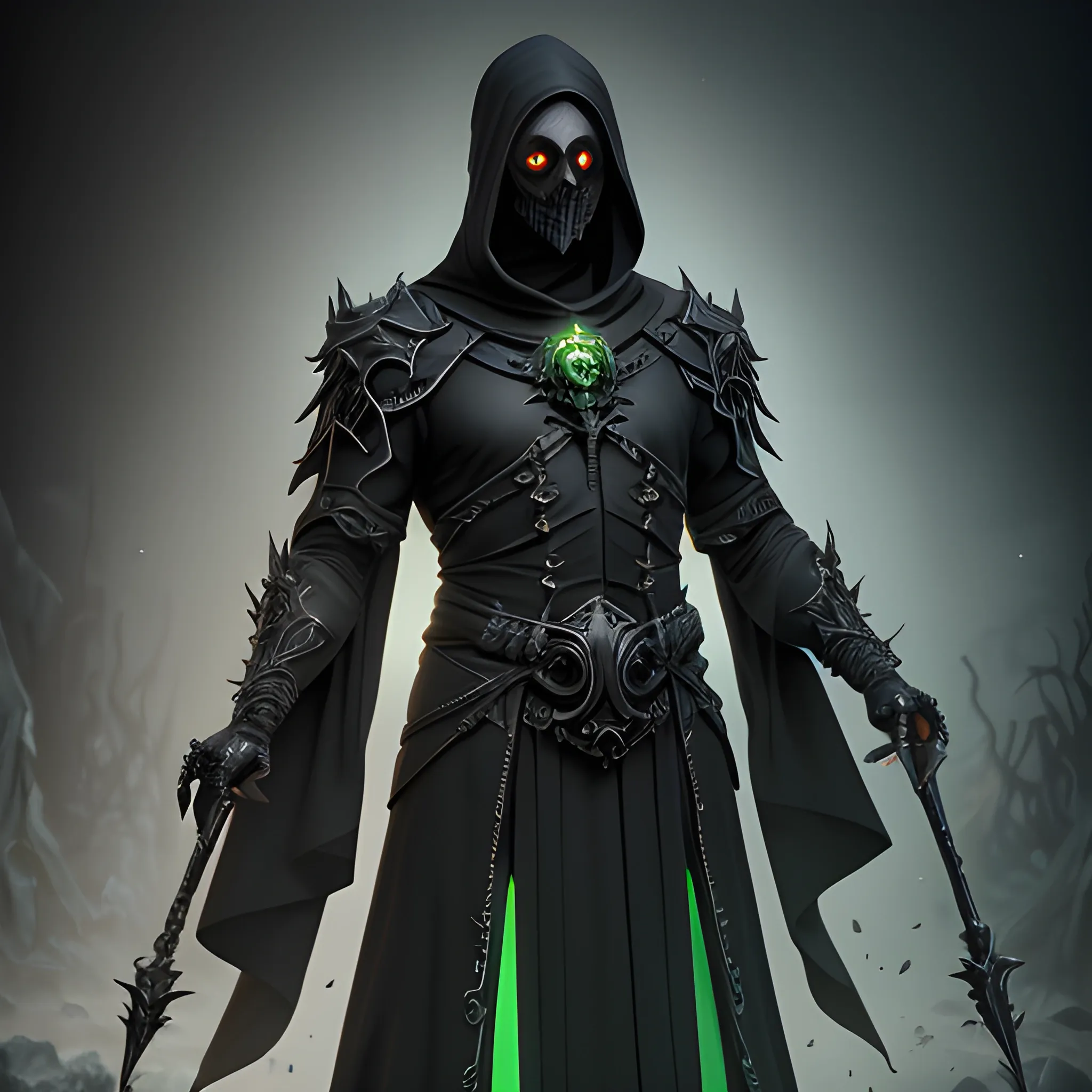 male necromancer, layered black robes, featureless smooth mask, wisps of green energy around the hands, full body view, 8k, high resolution, high quality, photorealistic, hyperrealistic, detailed, detailed matte painting, deep color, fantastical, intricate detail, splash screen, complementary colors, fantasy concept art, 8k resolution trending on Artstation Unreal Engine 5
