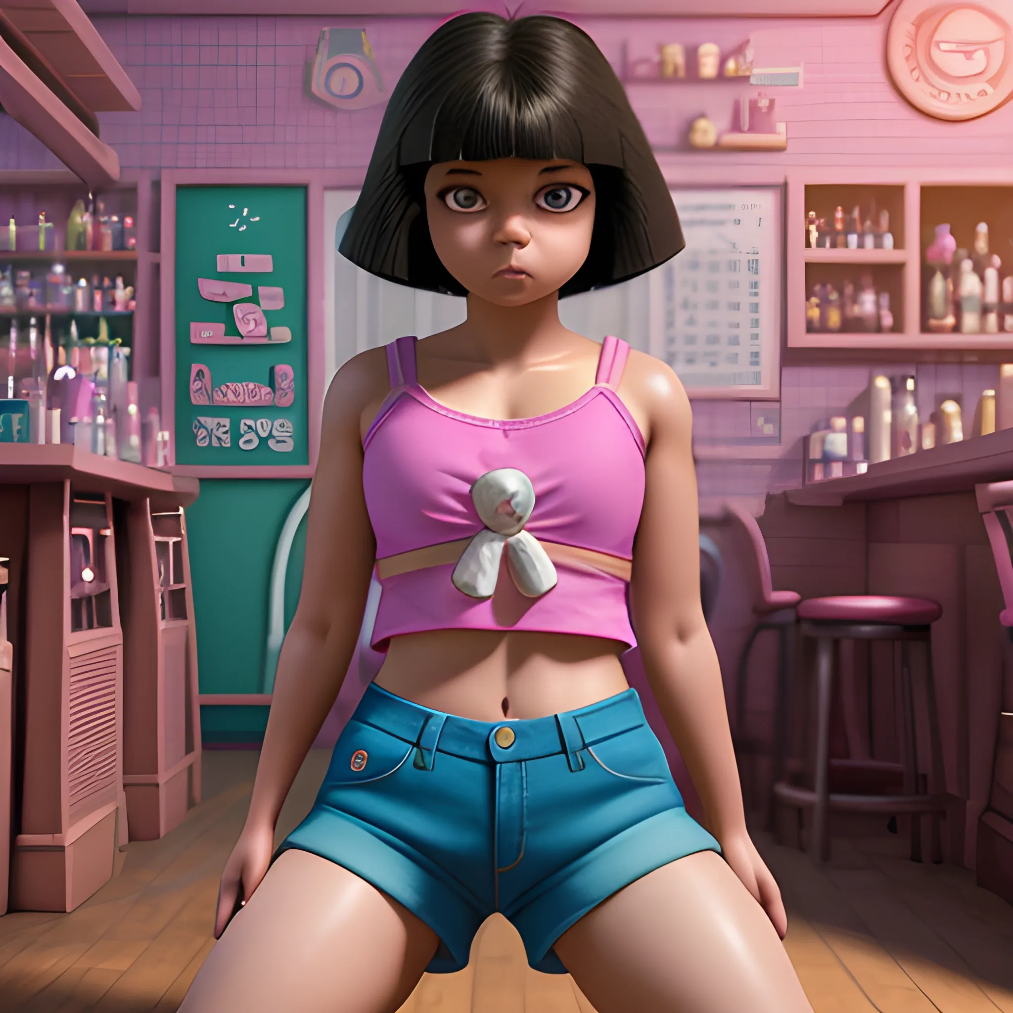 ((Dora_the_Explorer))bitch_kodomo_naughty))3d Character beauty clear_face Naughty_camisole_throughout Shorts big_Cameltoe Zbrush_photorealism_texture JAV_STYLE , 8k,, low-angle shot squatting Pattaya Bar