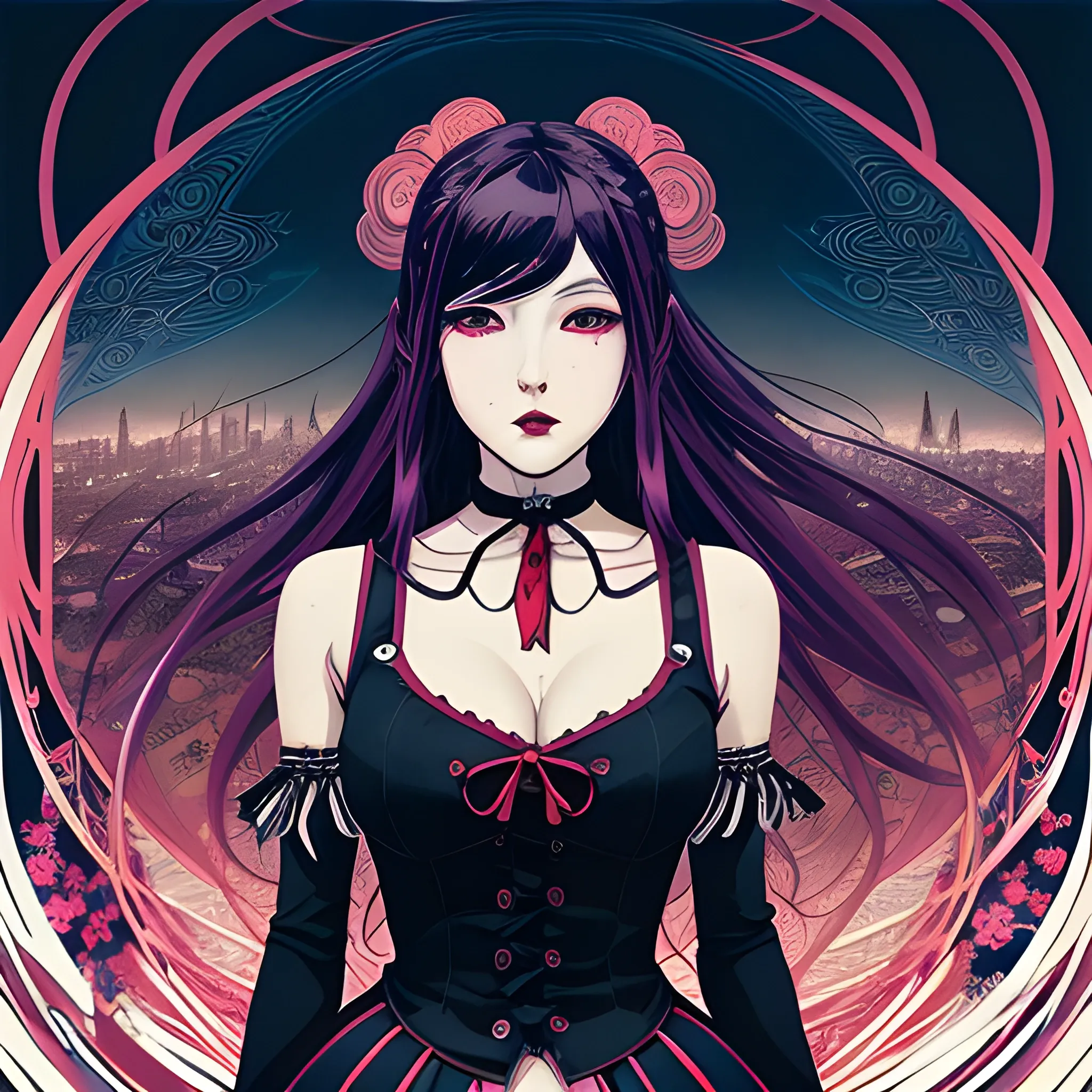 An image of a woman wearing choker in a manga art, anime style character style Art Nouveau painting, red and sillver colors, spirals,  true aesthetics, gothic fashion shot of a beautiful korean woman posing in front of a psychedelic art nouveau style. gothic style korean female, full figure, fit, ellegant tight white shirts, ties, miniskirts,  legs,  choker, long hair, classy,  beautiful faces, manga eyes, open mouth, postapocaliptic city in the background, dark night, art by Greg Rutkowski, acrylic, high contrast, colorful polychromatic, ultra detailed, ultra quality, CGSocietyHighly detailed, highest quality