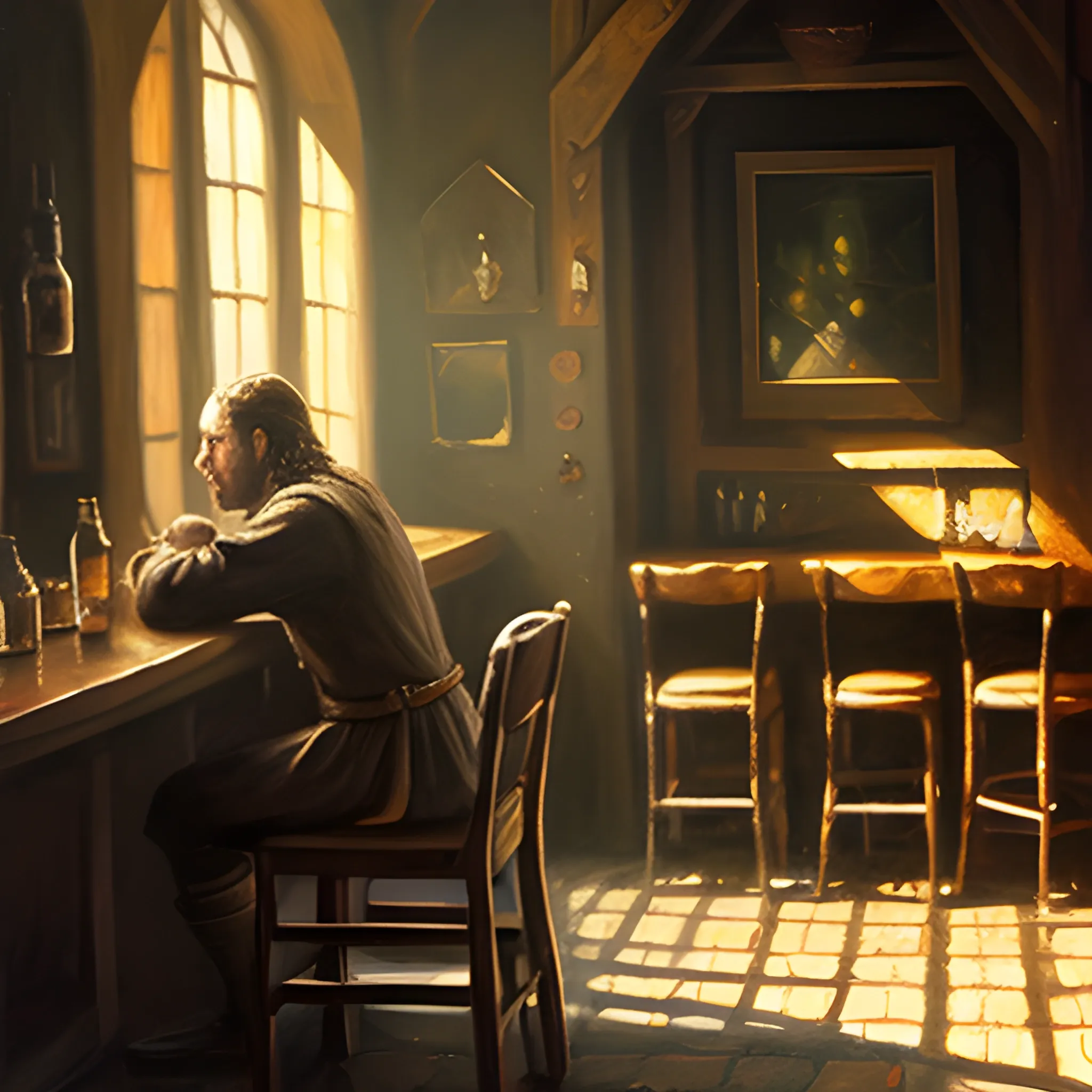 Man sitting in the shadows, tavern interior, middle earth, Oil Painting