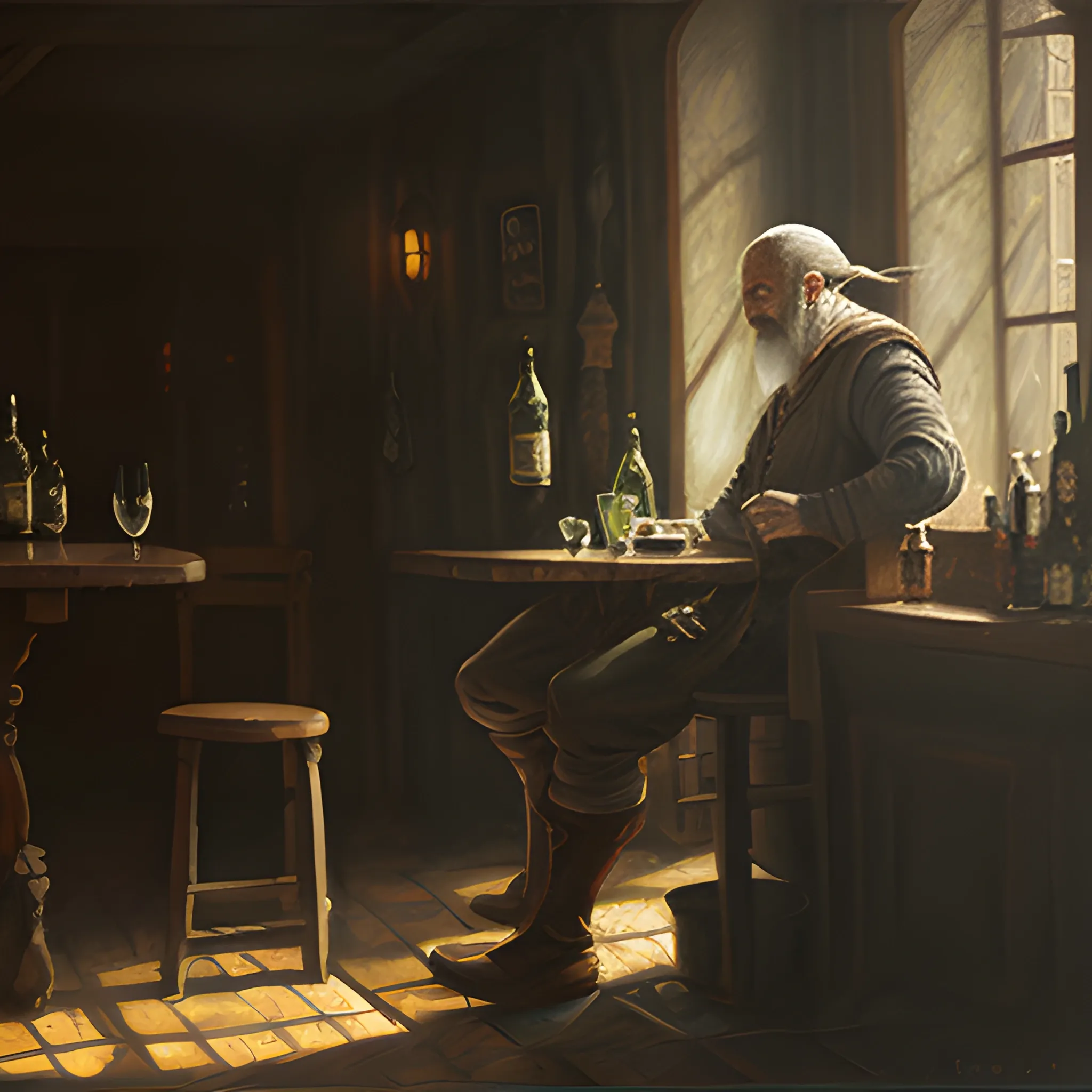 Man sitting in the shadows, tavern interior, middle earth, Oil Painting