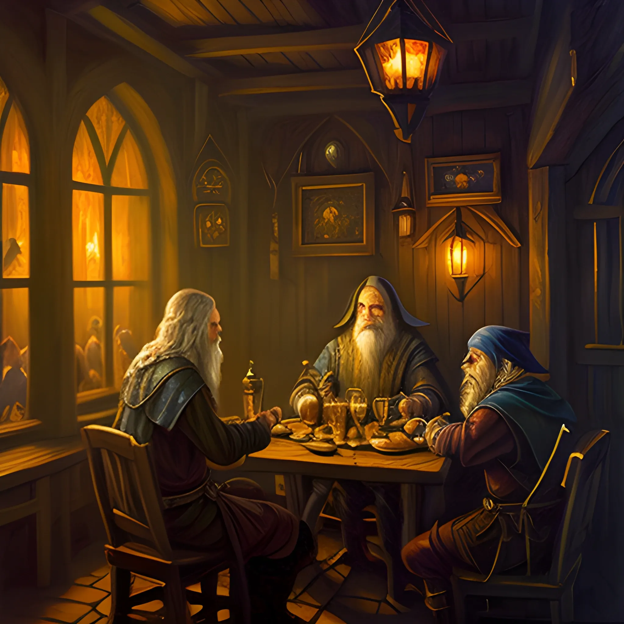 Wizard sitting in the shadows at night, tavern interior, middle earth, Oil Painting