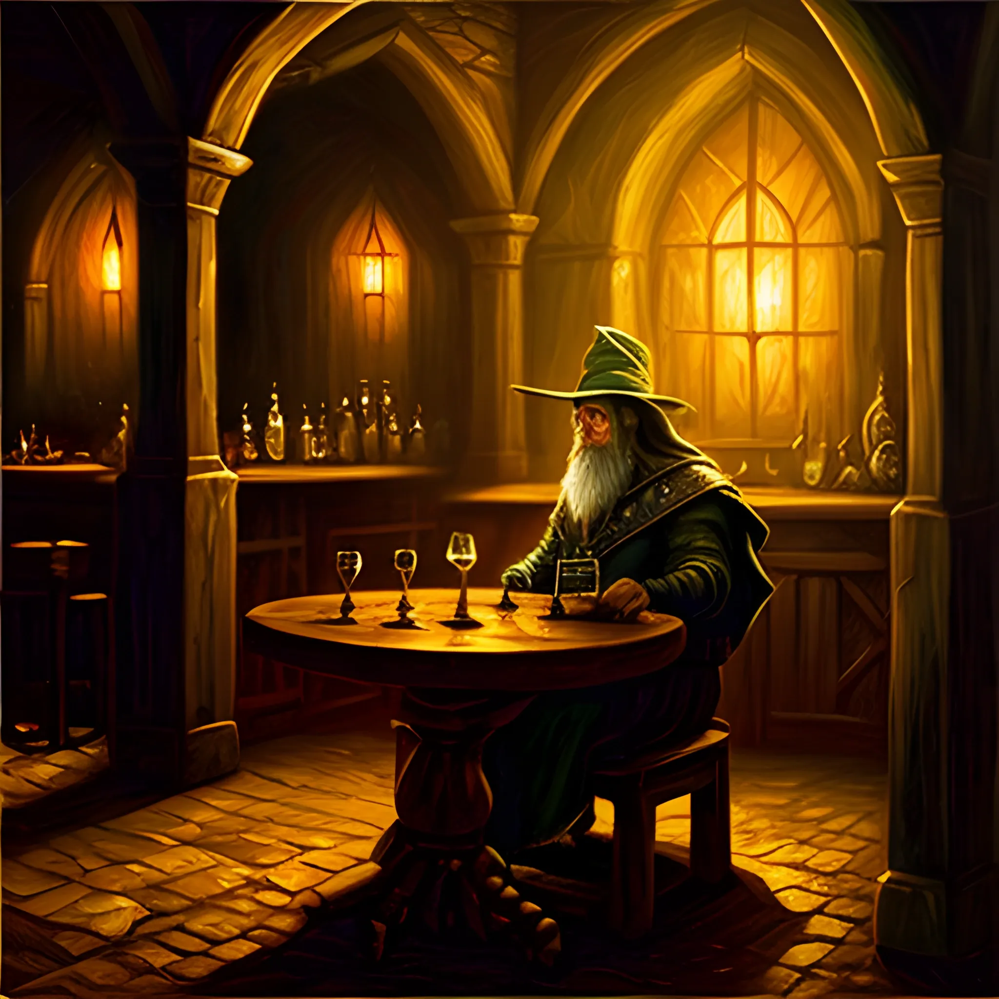 Wizard sitting in the shadows at night, tavern interior, middle earth, Oil Painting