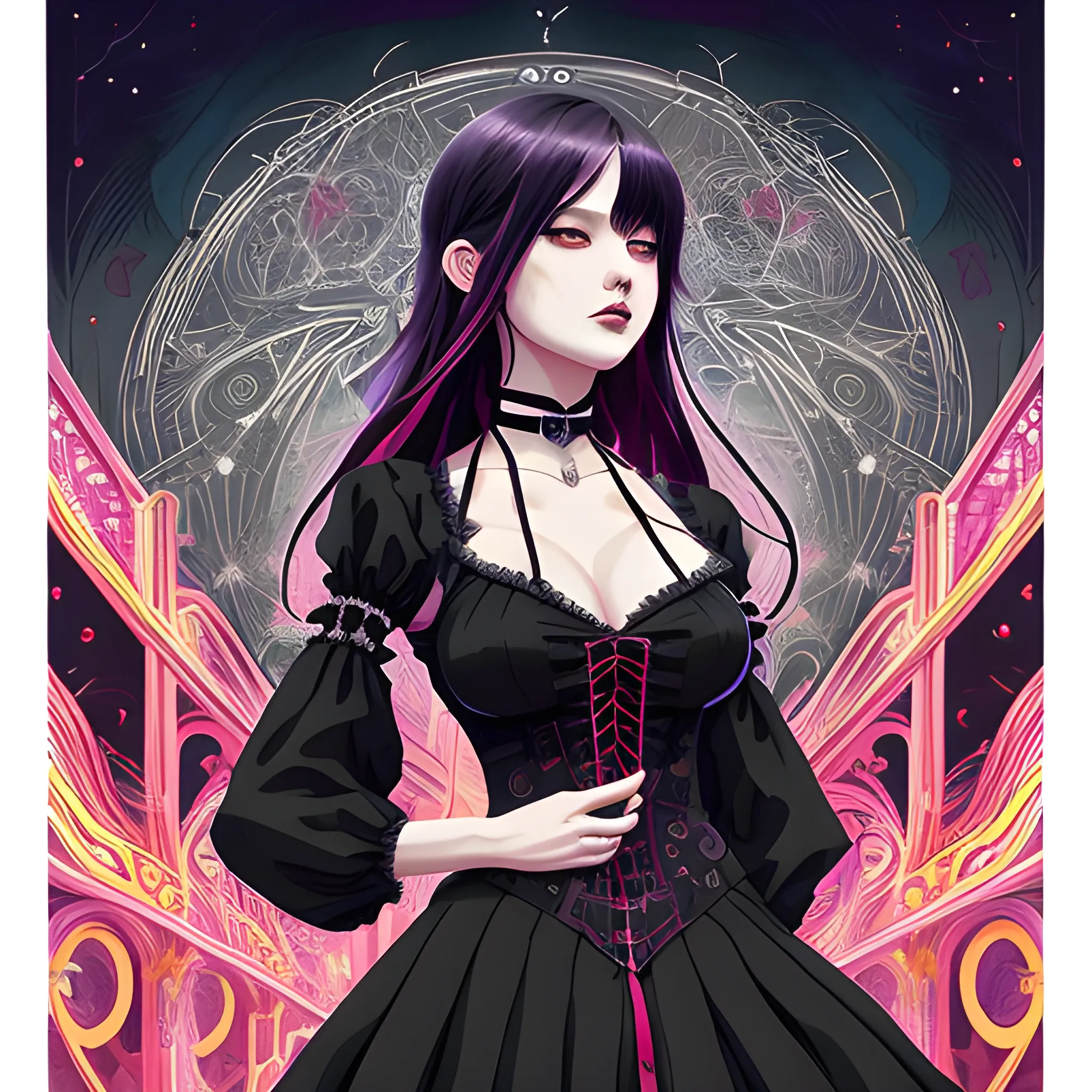 An image of a woman wearing choker in a manga art, anime style character style Art Nouveau painting, red and sillver colors, spirals,  true aesthetics, gothic fashion shot of a beautiful korean woman posing in front of a psychedelic art nouveau style. gothic style korean female, full figure, fit, ellegant tight white shirts, ties, miniskirts,  legs,  choker, long hair, curls, classy,  beautiful faces, manga eyes, open mouth, postapocaliptic city in the background, dark night, art by Greg Rutkowski, acrylic, high contrast, colorful polychromatic, ultra detailed, ultra quality, CGSocietyHighly detailed, highest quality