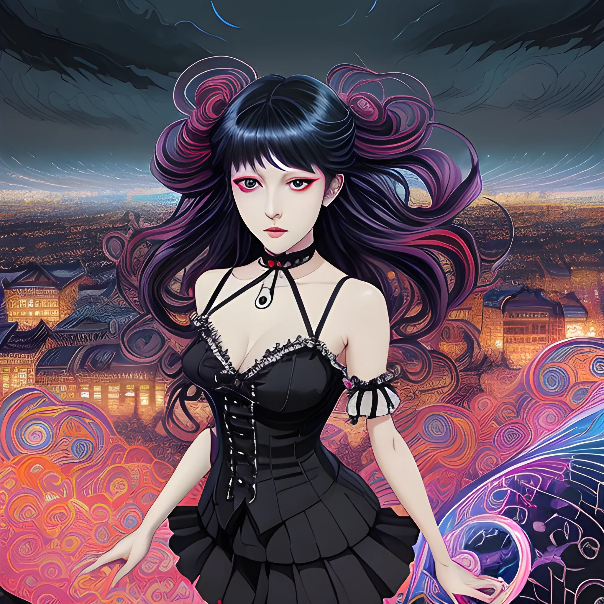 An image of a woman wearing choker in a manga art, anime style character style Art Nouveau painting, red and sillver colors, spirals,  true aesthetics, gothic fashion shot of a beautiful korean woman posing in front of a psychedelic art nouveau style. gothic style korean female, full figure, fit, ellegant tight white shirts, ties, miniskirts,  legs,  choker, long hair, curls, classy,  beautiful faces, manga eyes, open mouth, postapocaliptic city in the background, dark night, art by Greg Rutkowski, acrylic, high contrast, colorful polychromatic, ultra detailed, ultra quality, CGSocietyHighly detailed, highest quality