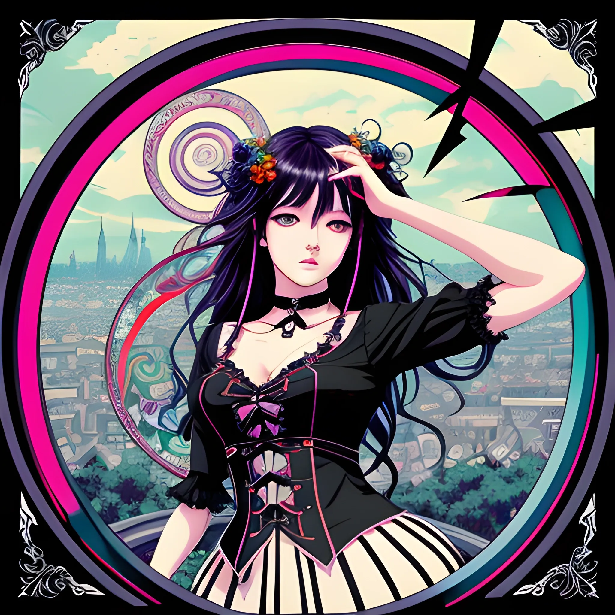 An image of a woman wearing choker in a manga art, anime style character style Art Nouveau painting, red and sillver colors, spirals,  true aesthetics, gothic fashion shot of a beautiful korean woman posing in front of a psychedelic art nouveau style spiral. gothic style korean female, full figure, fit, ellegant tight white shirts, ties, miniskirts,  legs,  choker, long hair, curls, classy,  beautiful faces, manga eyes, open mouth, postapocaliptic city in the background, dark night, art by Greg Rutkowski, acrylic, high contrast, colorful polychromatic, ultra detailed, ultra quality, CGSocietyHighly detailed, highest quality