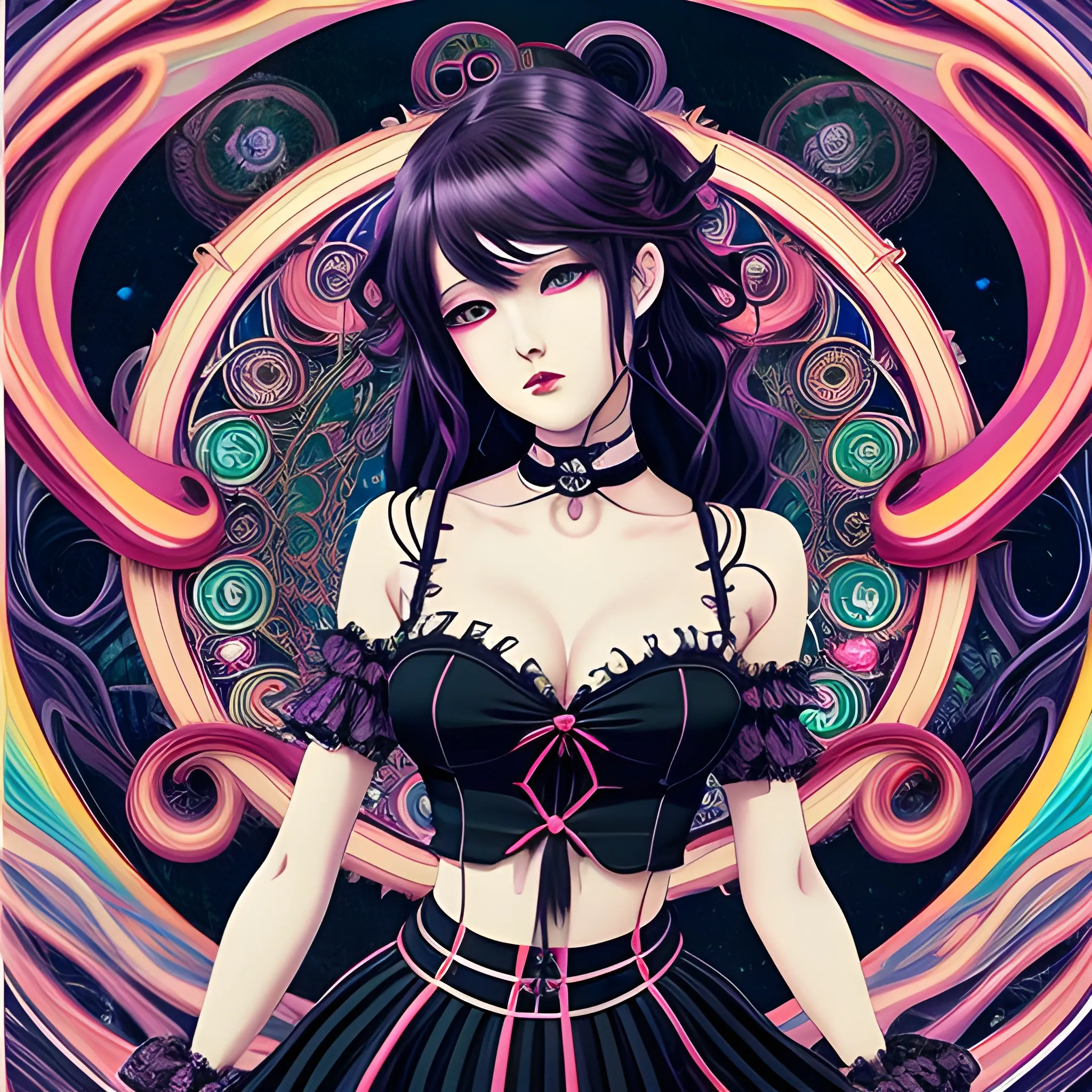 An image of a woman wearing choker in a manga art, anime style character style Art Nouveau painting, red and sillver colors, spirals,  true aesthetics, gothic fashion shot of a beautiful korean woman posing in front of a psychedelic art nouveau style spiral. gothic style korean female, full figure, fit, ellegant tight white shirts, ties, miniskirts,  legs,  choker, long hair, curls, classy,  beautiful faces, manga eyes, open mouth, postapocaliptic city in the background, dark night, art by Greg Rutkowski, acrylic, high contrast, colorful polychromatic, ultra detailed, ultra quality, CGSocietyHighly detailed, highest quality