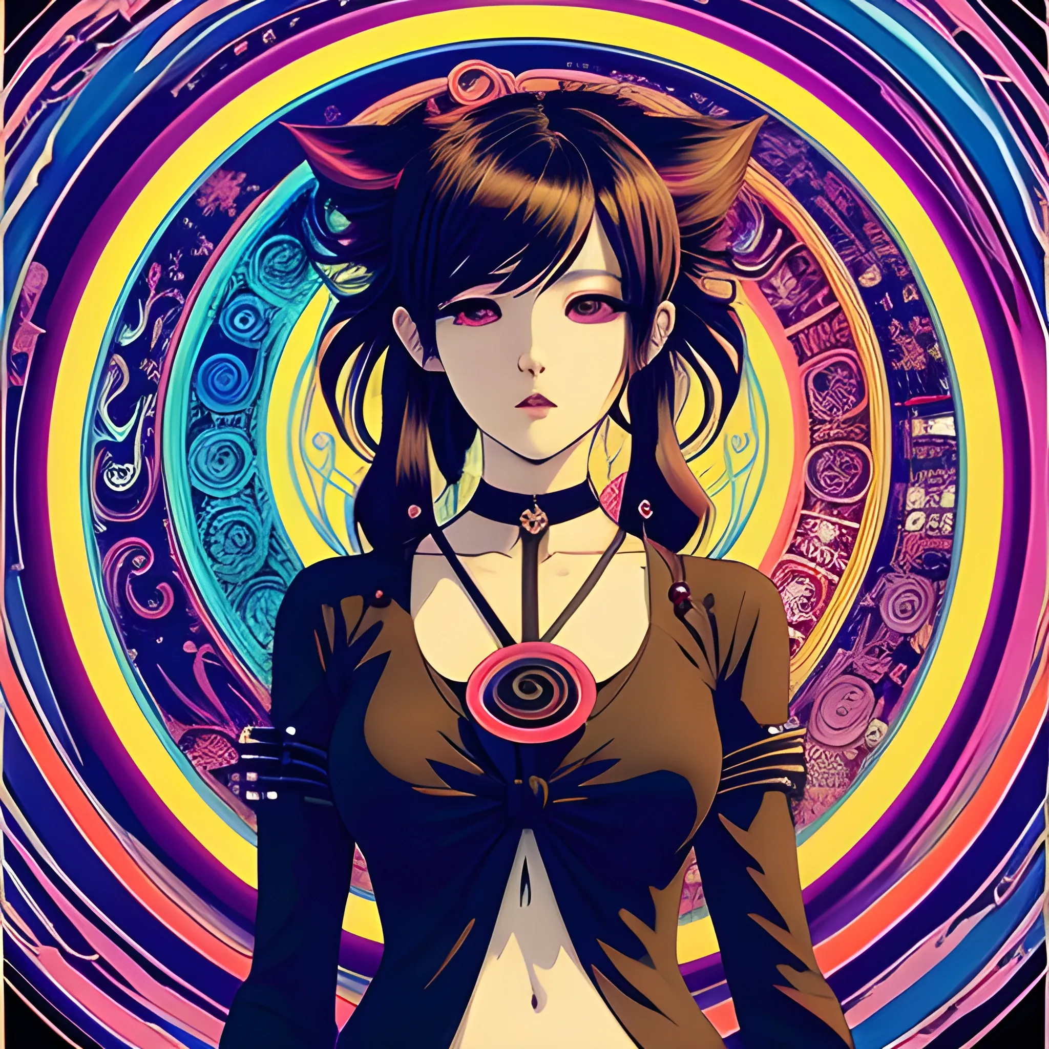 An image of a woman wearing choker in a manga art, anime style character style Art Nouveau painting, red and sillver colors, spirals,  true aesthetics, modern fashion shot of a beautiful korean woman posing in front of a psychedelic art nouveau style spiral. gothic style korean female, full figure, fit, ellegant tight white shirts, ties, miniskirts,  legs,  choker, long hair, curls, classy,  beautiful faces, manga eyes, open mouth, postapocaliptic city in the background, dark night, art by Greg Rutkowski, acrylic, high contrast, colorful polychromatic, ultra detailed, ultra quality, CGSocietyHighly detailed, highest quality