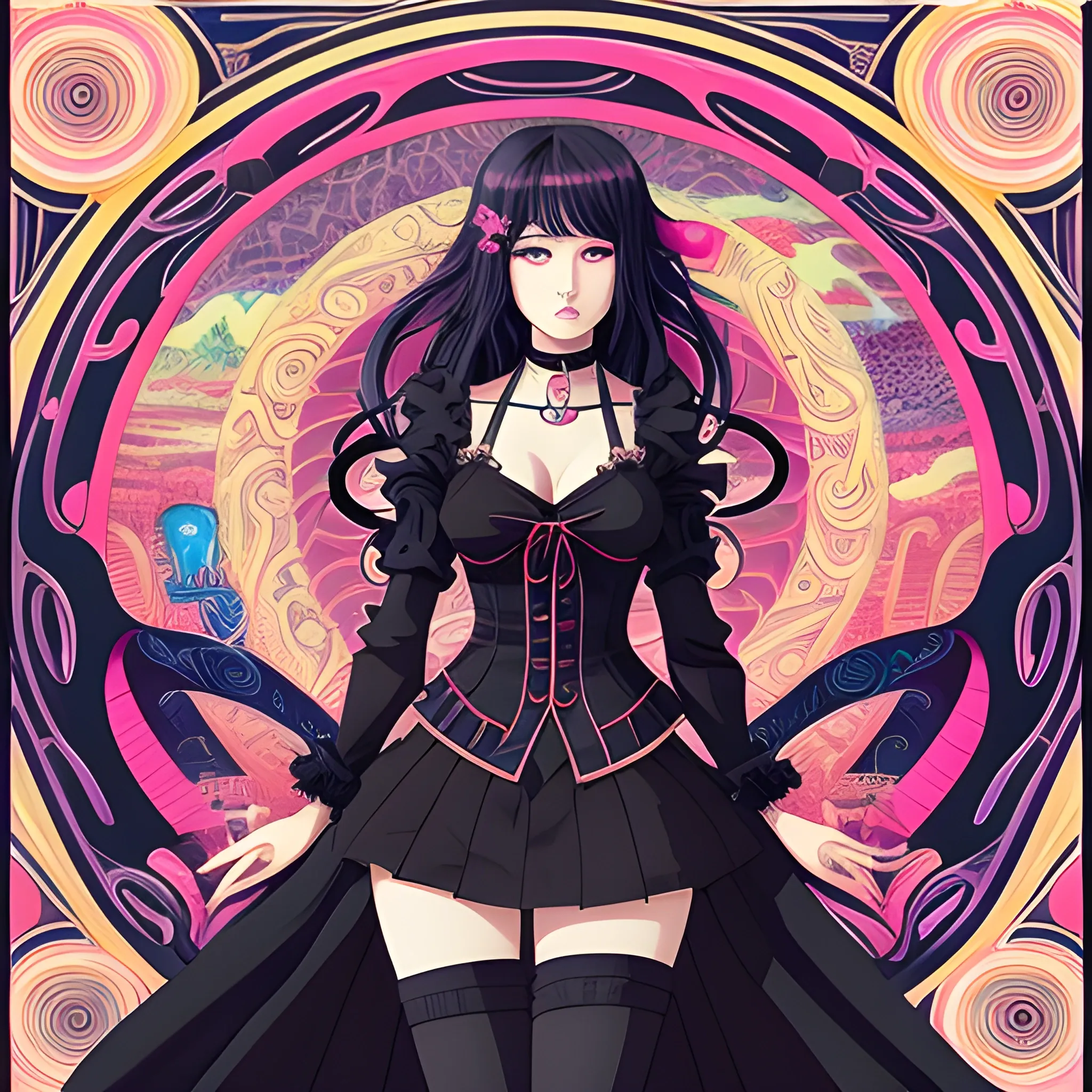 An image of a woman wearing choker in a manga art, anime style character style Art Nouveau painting, red and sillver colors, spirals,  true aesthetics, modern fashion shot of a beautiful korean woman posing in front of a psychedelic art nouveau style spiral. gothic style korean female, full figure, fit, ellegant tight white shirts, ties, miniskirts,  legs,  choker, long hair, curls, classy,  beautiful faces, manga eyes, open mouth, postapocaliptic city in the background, dark night, art by Greg Rutkowski, acrylic, high contrast, colorful polychromatic, ultra detailed, ultra quality, CGSocietyHighly detailed, highest quality