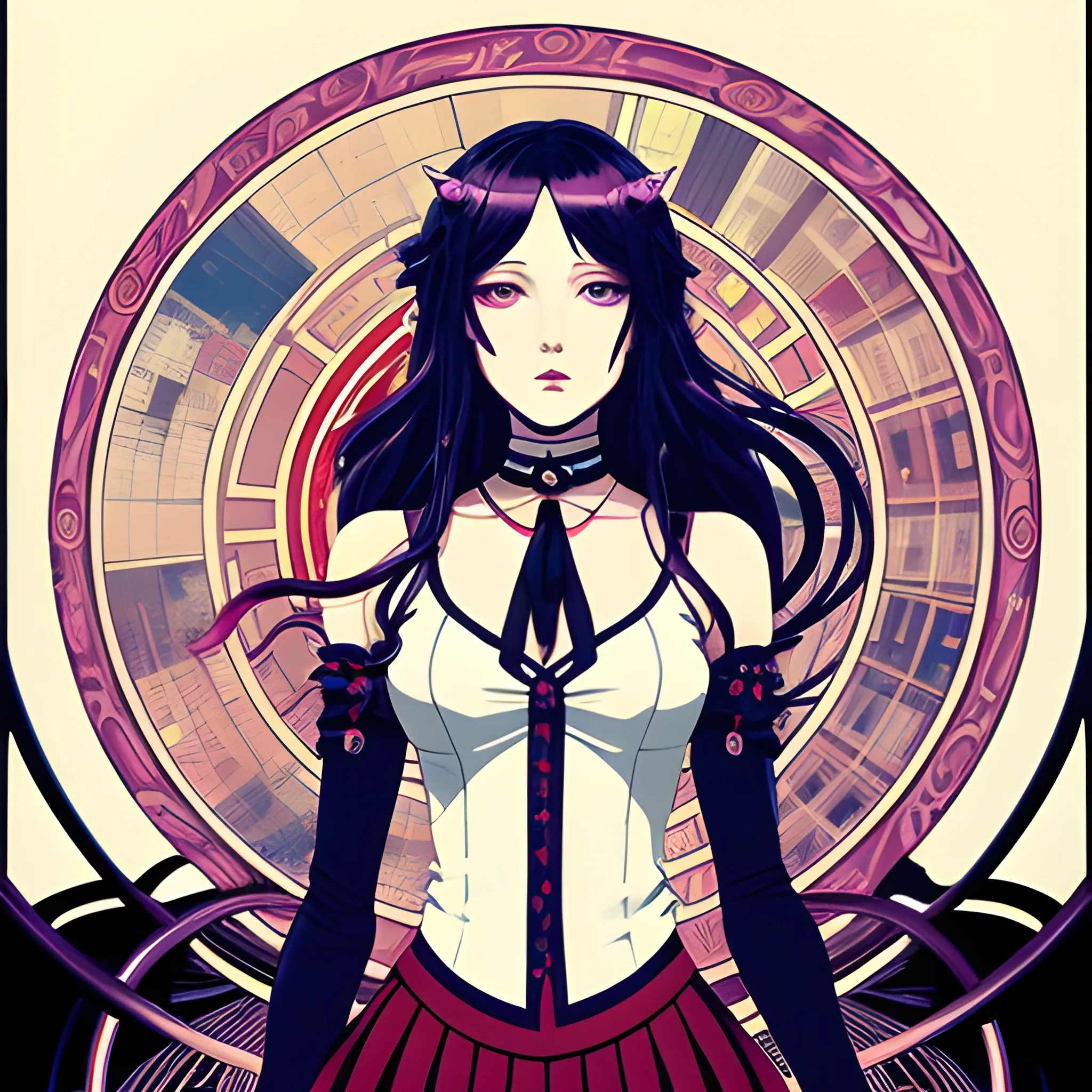 An image of a woman wearing choker in a manga art, anime style character style Art Nouveau painting, red and sillver colors, spirals,  true aesthetics, modern fashion shot of a beautiful korean woman posing in front of a psychedelic art nouveau style spiral. gothic style korean female, full figure, fit, ellegant tight white shirts, ties, miniskirts,  legs,  choker, long hair, curls, classy,  beautiful faces, manga eyes, open mouth, postapocaliptic city in the background, dark night, art by Greg Rutkowski, acrylic, high contrast,, ultra detailed, ultra quality, CGSocietyHighly detailed, highest quality