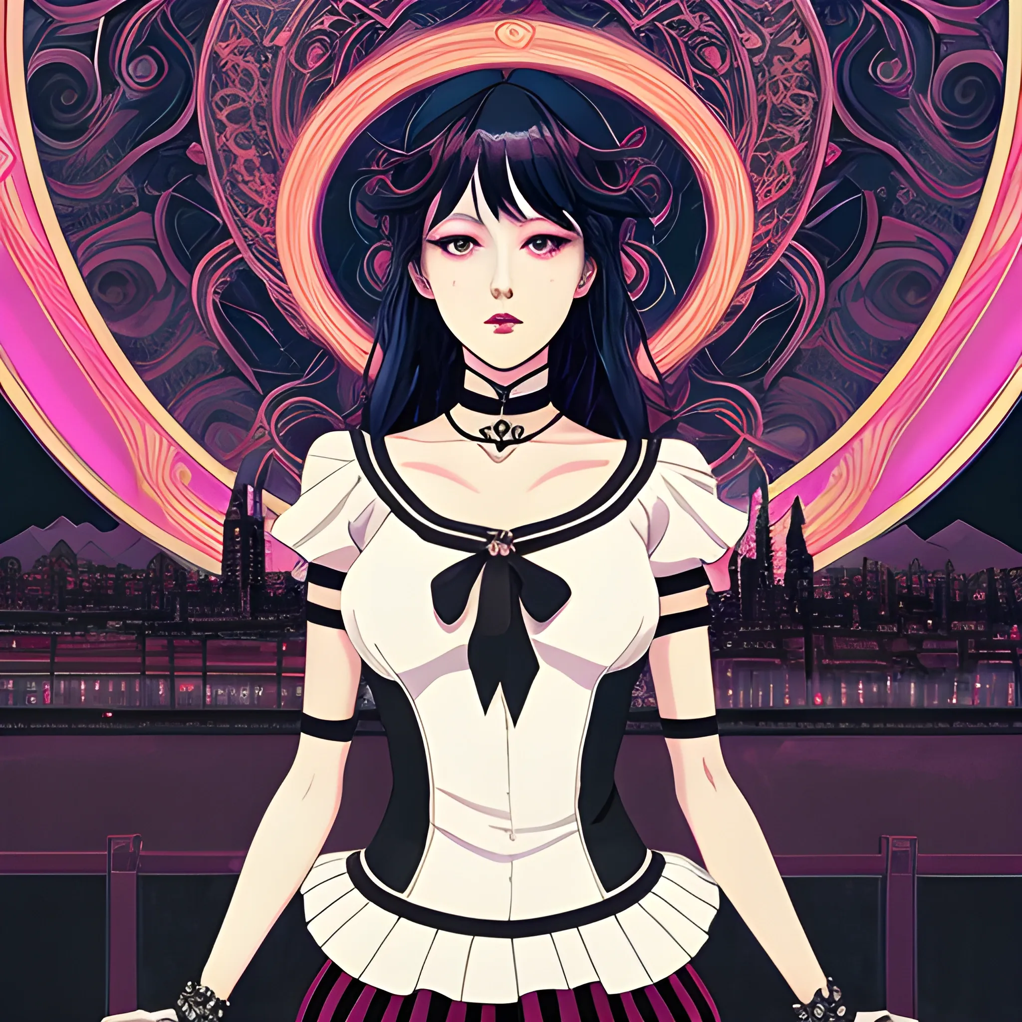 An image of a woman wearing choker in a manga art, anime style character style Art Nouveau painting, red and sillver colors, spirals,  true aesthetics, modern fashion shot of a beautiful korean woman posing in front of a psychedelic art nouveau style spiral. gothic style korean female, full figure, fit, ellegant tight white shirts, ties, miniskirts,  legs,  choker, long hair, curls, classy,  beautiful faces, manga eyes, open mouth, postapocaliptic city in the background, dark night, art by Greg Rutkowski, acrylic, high contrast,, ultra detailed, ultra quality, CGSocietyHighly detailed, highest quality