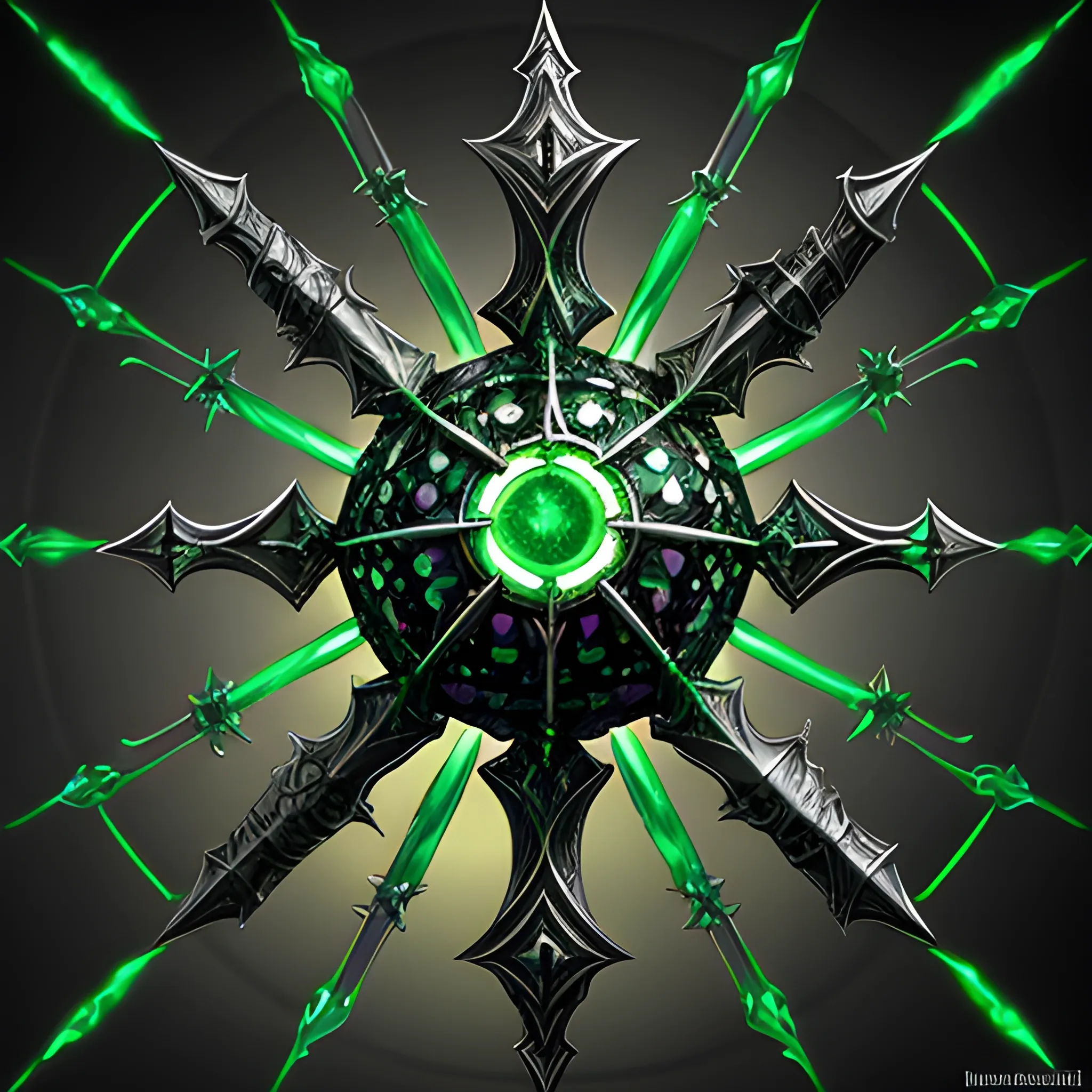 fantasy weapon, necromancer staff, black and silver metals, emerald sphere top, radiating green aura,  full body view, 8k, high resolution, high quality, photorealistic, hyperrealistic, detailed, detailed matte painting, deep color, fantastical, intricate detail, splash screen, complementary colors, fantasy concept art, weapon only 
