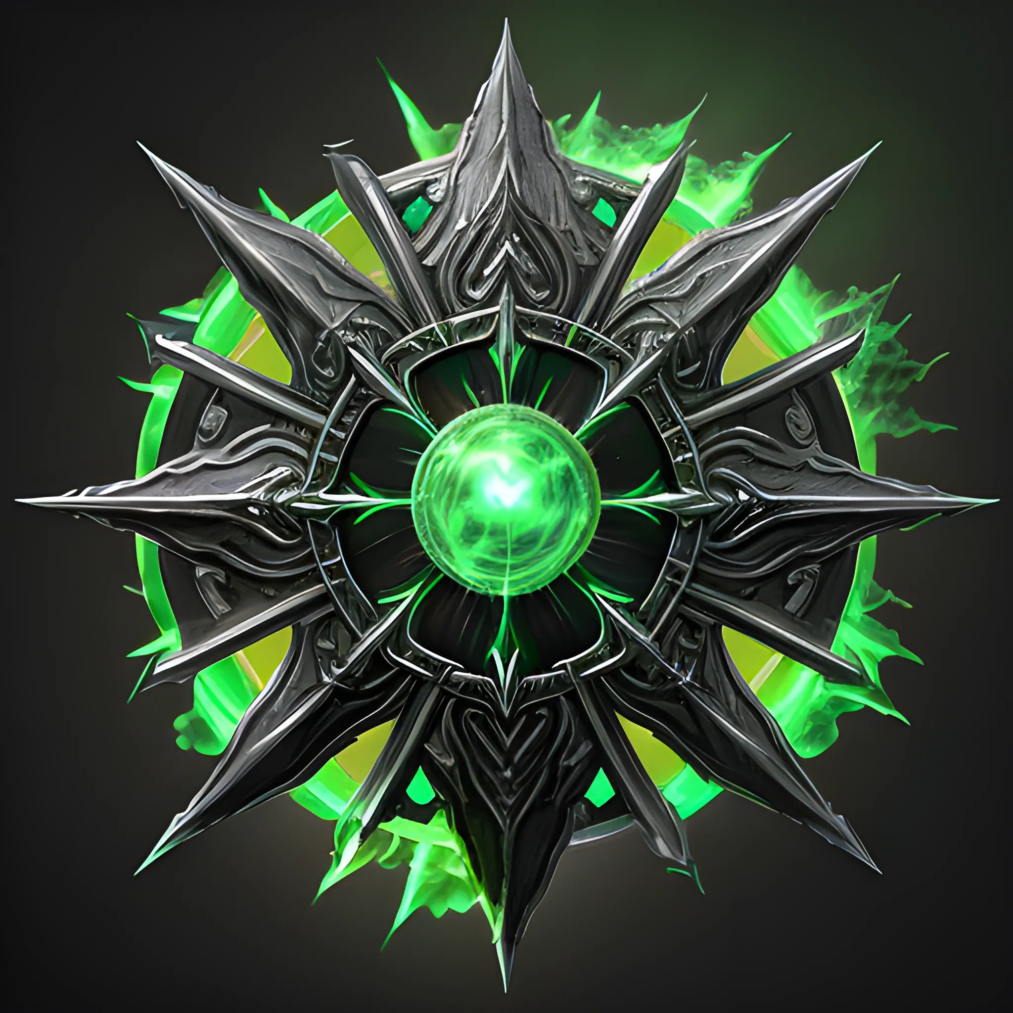 fantasy weapon, necromancer staff, black and silver metals, emerald sphere top, radiating green aura,  full body view, 8k, high resolution, high quality, photorealistic, hyperrealistic, detailed, detailed matte painting, deep color, fantastical, intricate detail, splash screen, complementary colors, fantasy concept art, weapon only 
