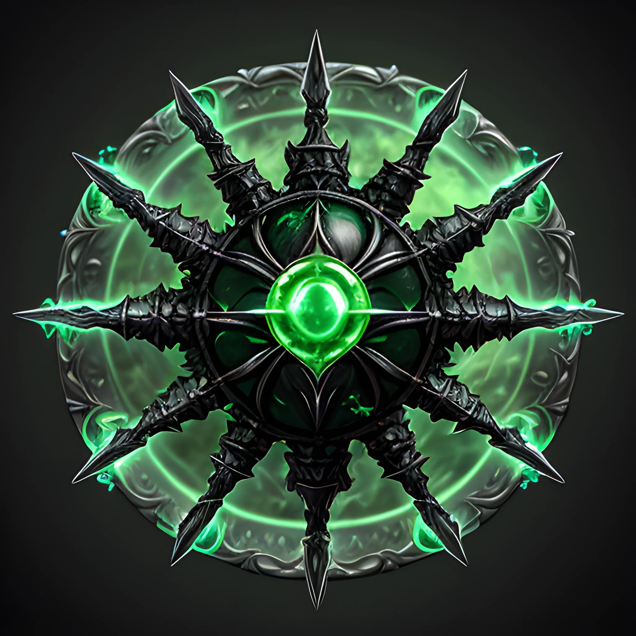 fantasy weapon, necromancer staff, black and silver metals, emerald sphere top, radiating green aura,  full body, 8k, high resolution, high quality, photorealistic, hyperrealistic, detailed, detailed matte painting, deep color, fantastical, intricate detail, splash screen, complementary colors, fantasy concept art, weapon only 

