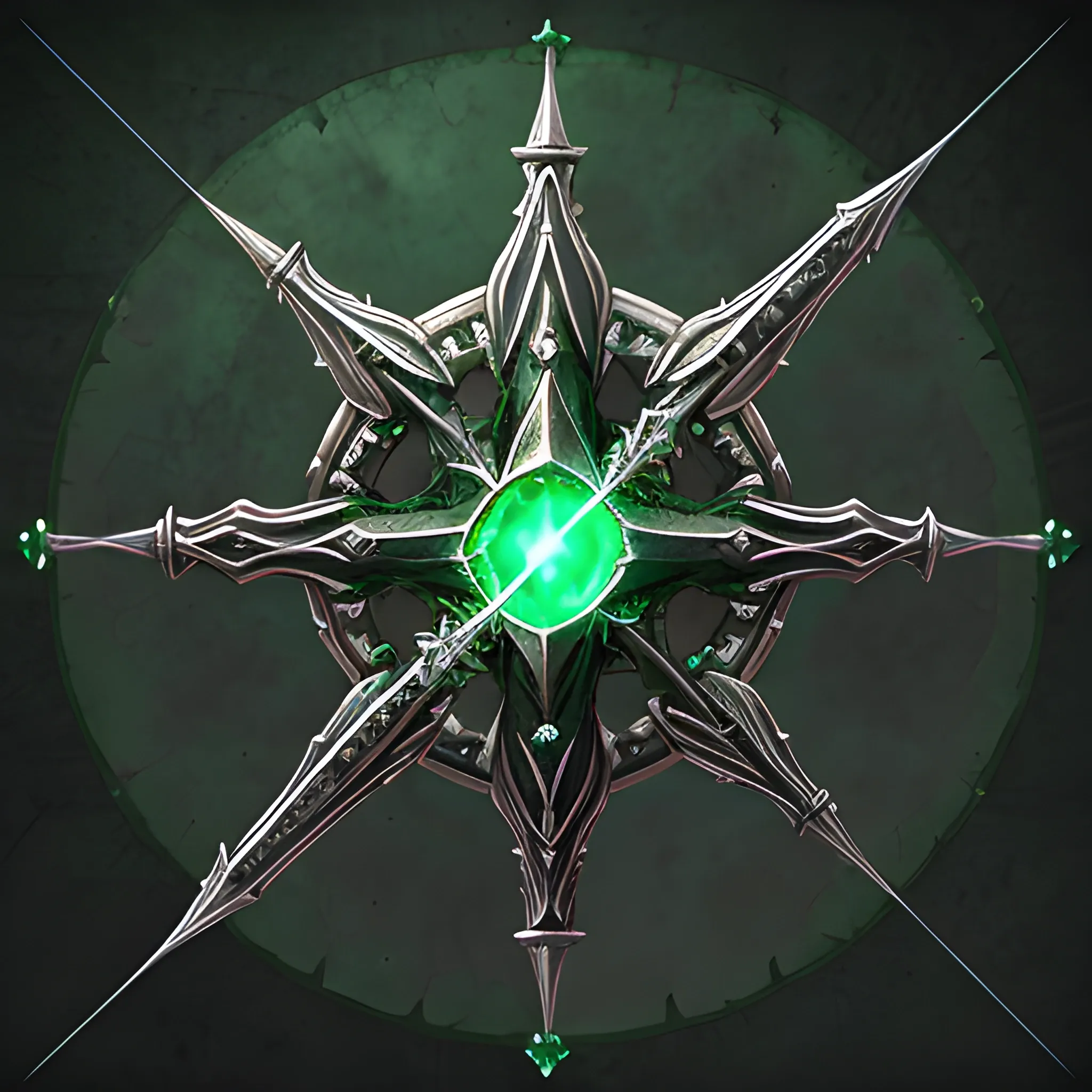 fantasy weapon, necromancer staff, black and silver metals, emerald sphere top, radiating green aura,  full body, 8k, high resolution, high quality, photorealistic, hyperrealistic, detailed, detailed matte painting, deep color, fantastical, intricate detail, splash screen, complementary colors, fantasy concept art, weapon only 
