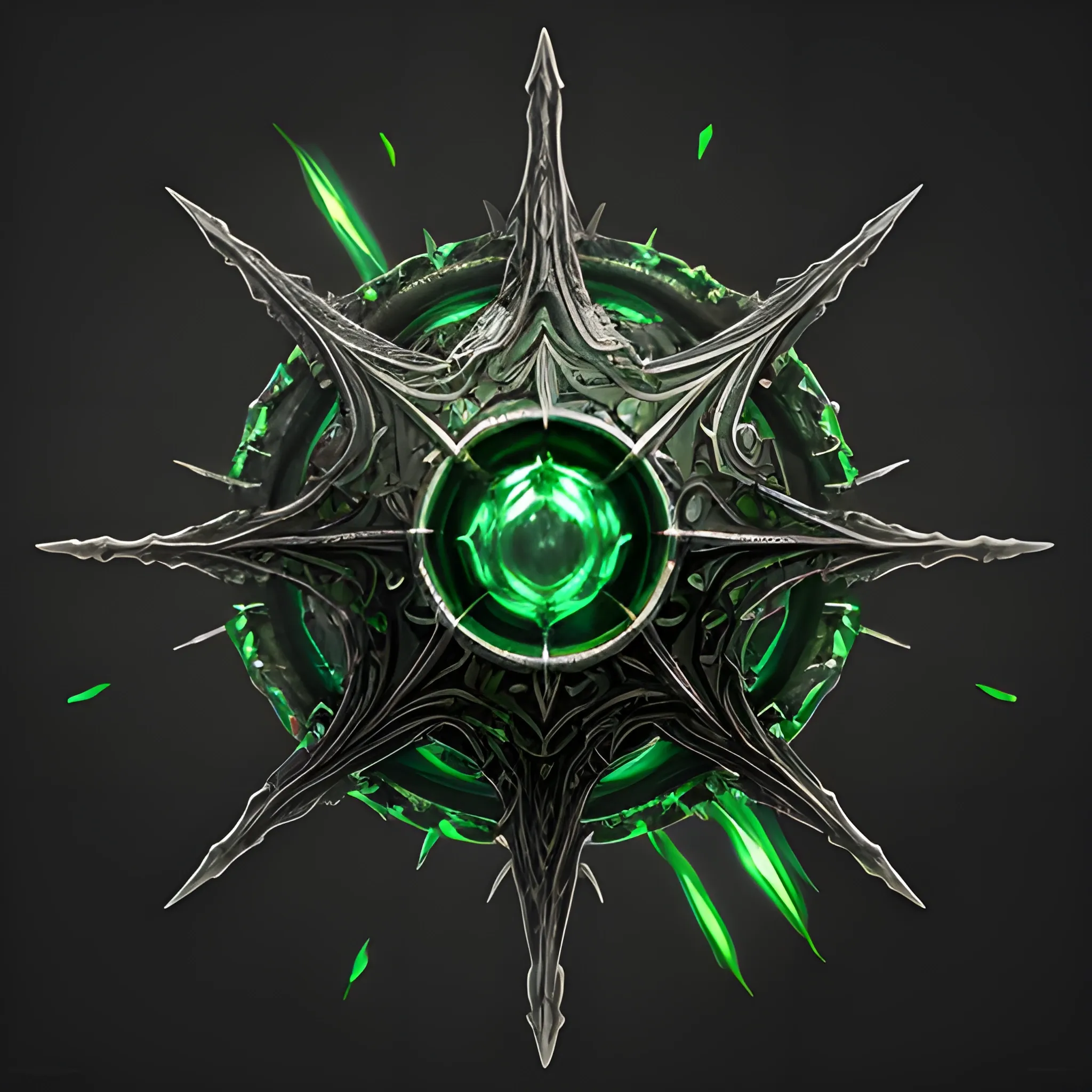 fantasy weapon, necromancer staff, black and silver metals, emerald sphere top, radiating green aura,  full body, 8k, high resolution, high quality, photorealistic, hyperrealistic, detailed, detailed matte painting, deep color, fantastical, intricate detail, splash screen, complementary colors, fantasy concept art, weapon only, full body staff 
