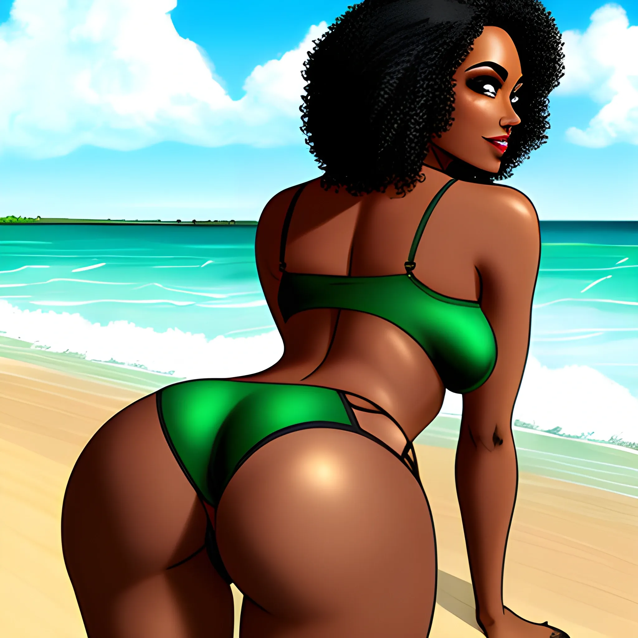 beach,rear view, brownskin,cute girl,black curly hair,green bra, green panties,cartoon,hand under butt