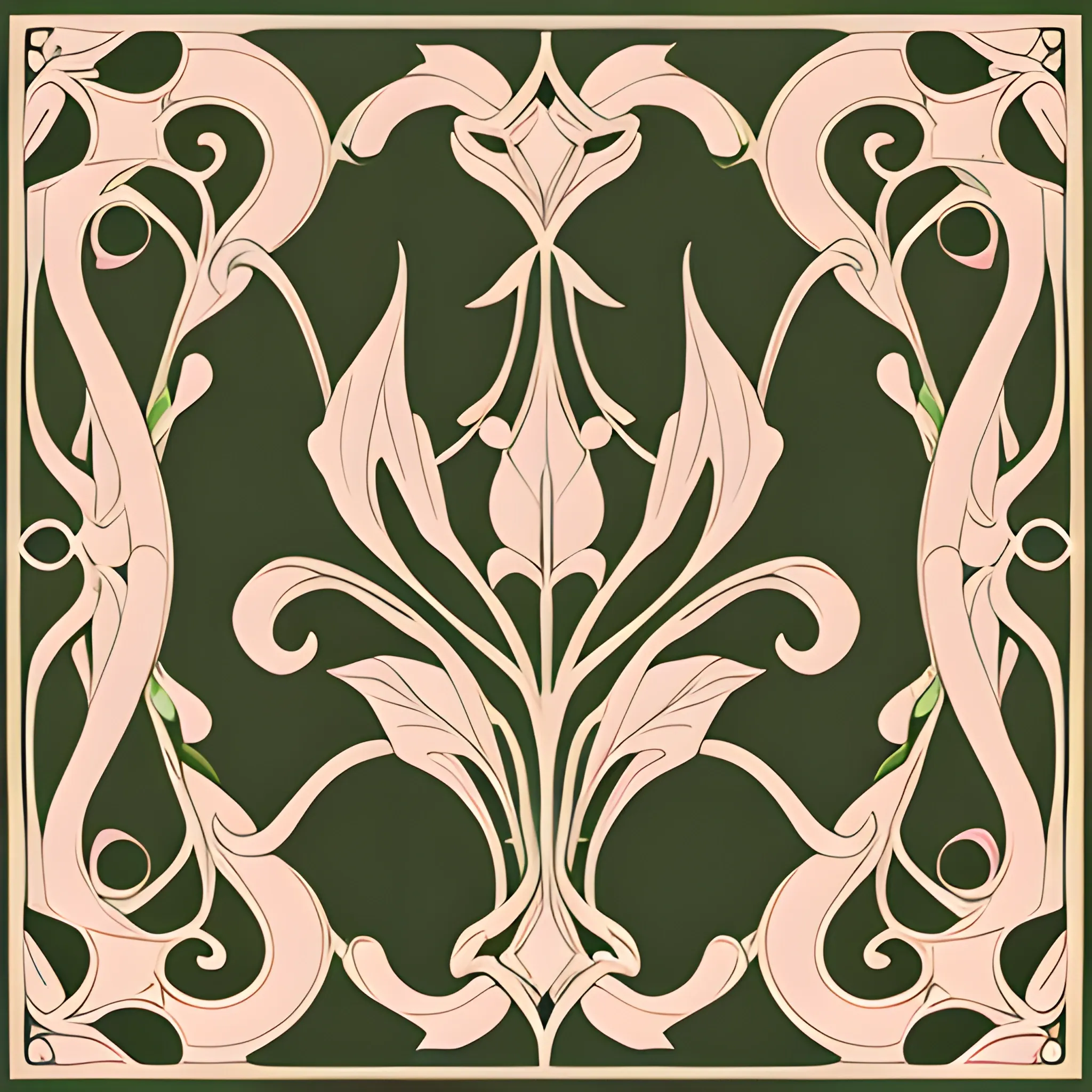 art nouveau design with black and pale pink forals sage green leaves, beige background