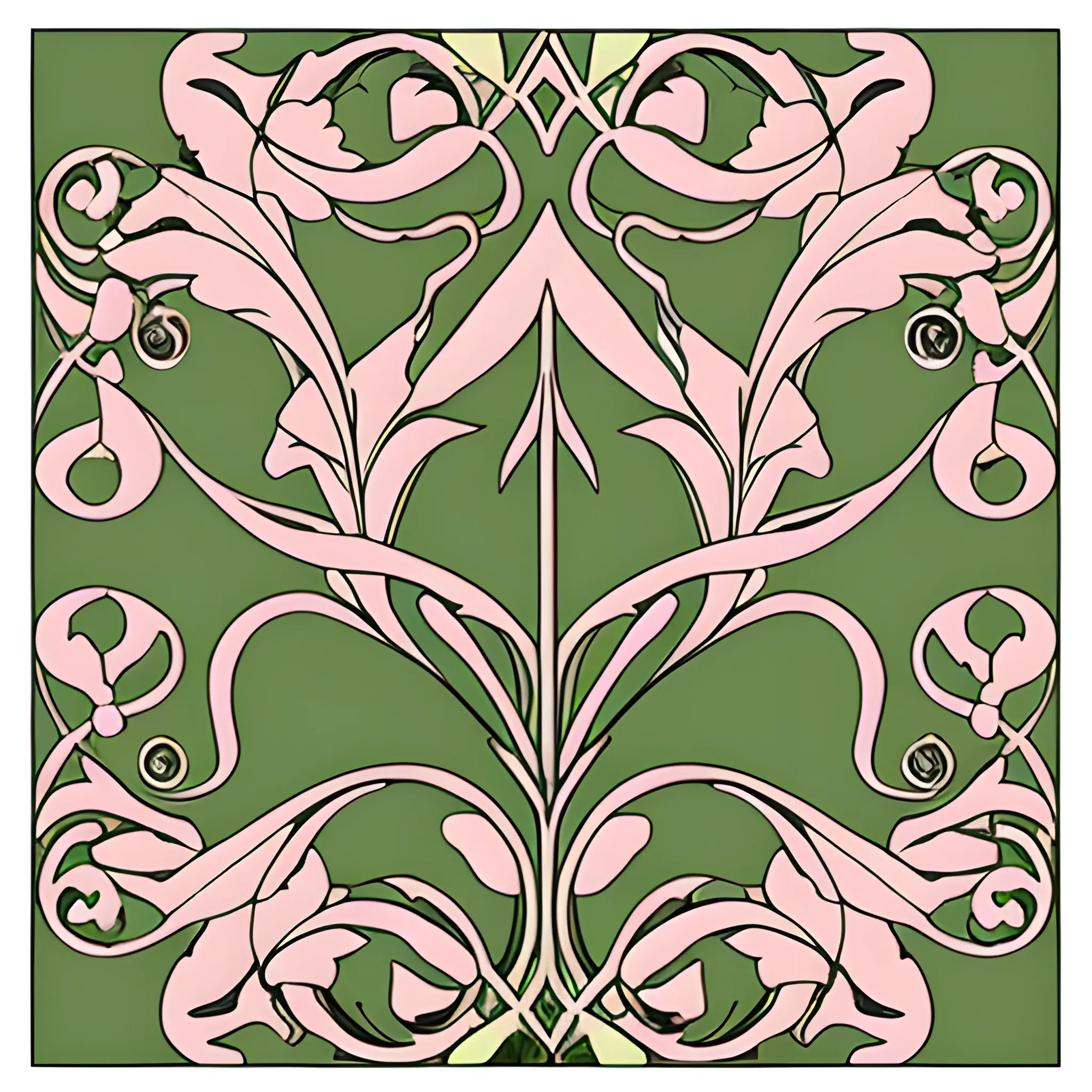 art nouveau design with black and pale pink forals sage green leaves
