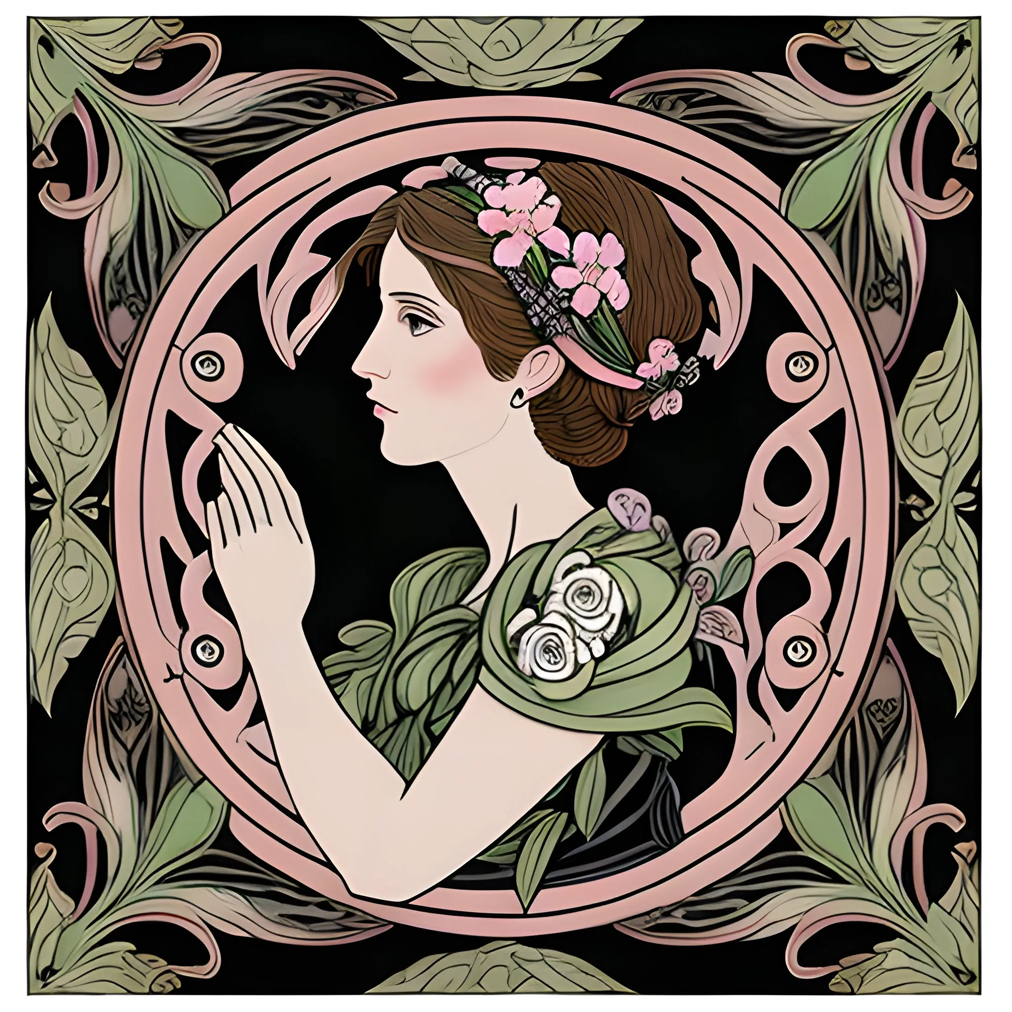 intricate hand painted art nouveau with black and pale pink flowers and sage green leaves
