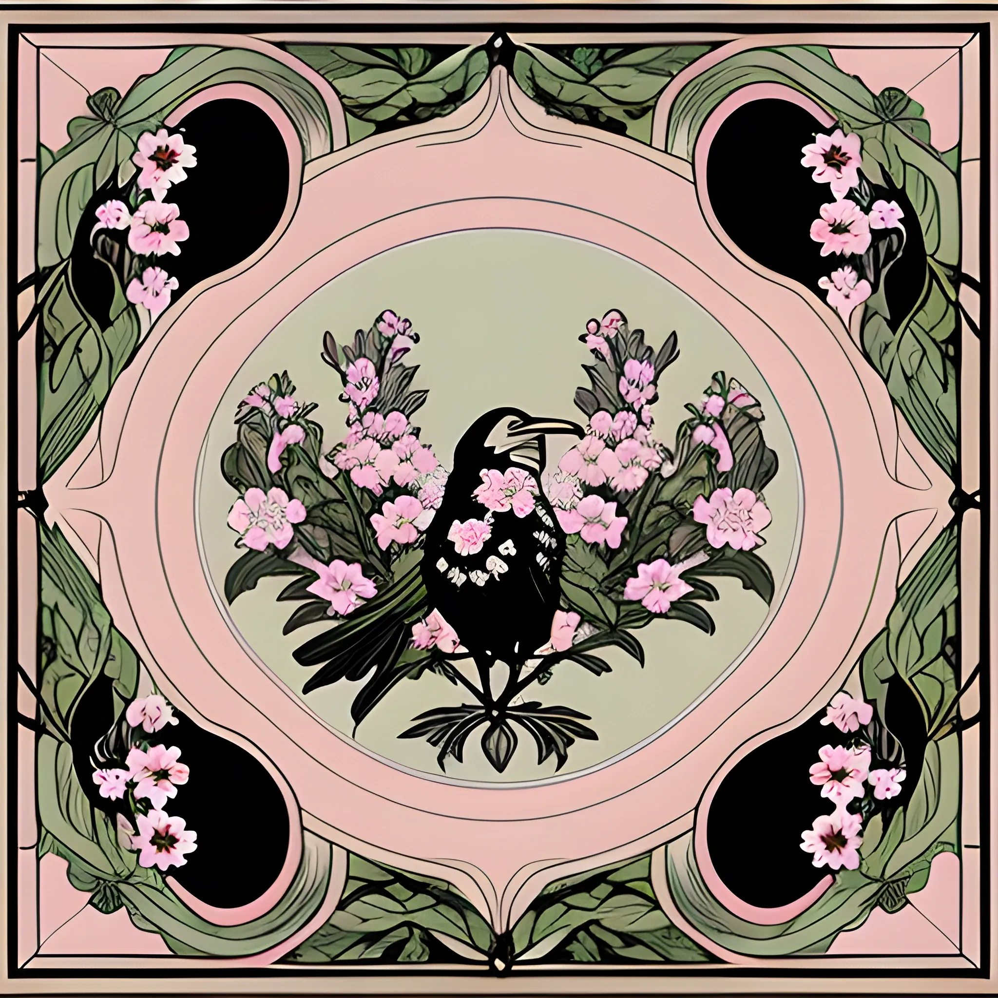 intricate painted art nouveau with black and pale pink flowers and sage green leaves, ravens and chrysanthemums rectangle  
