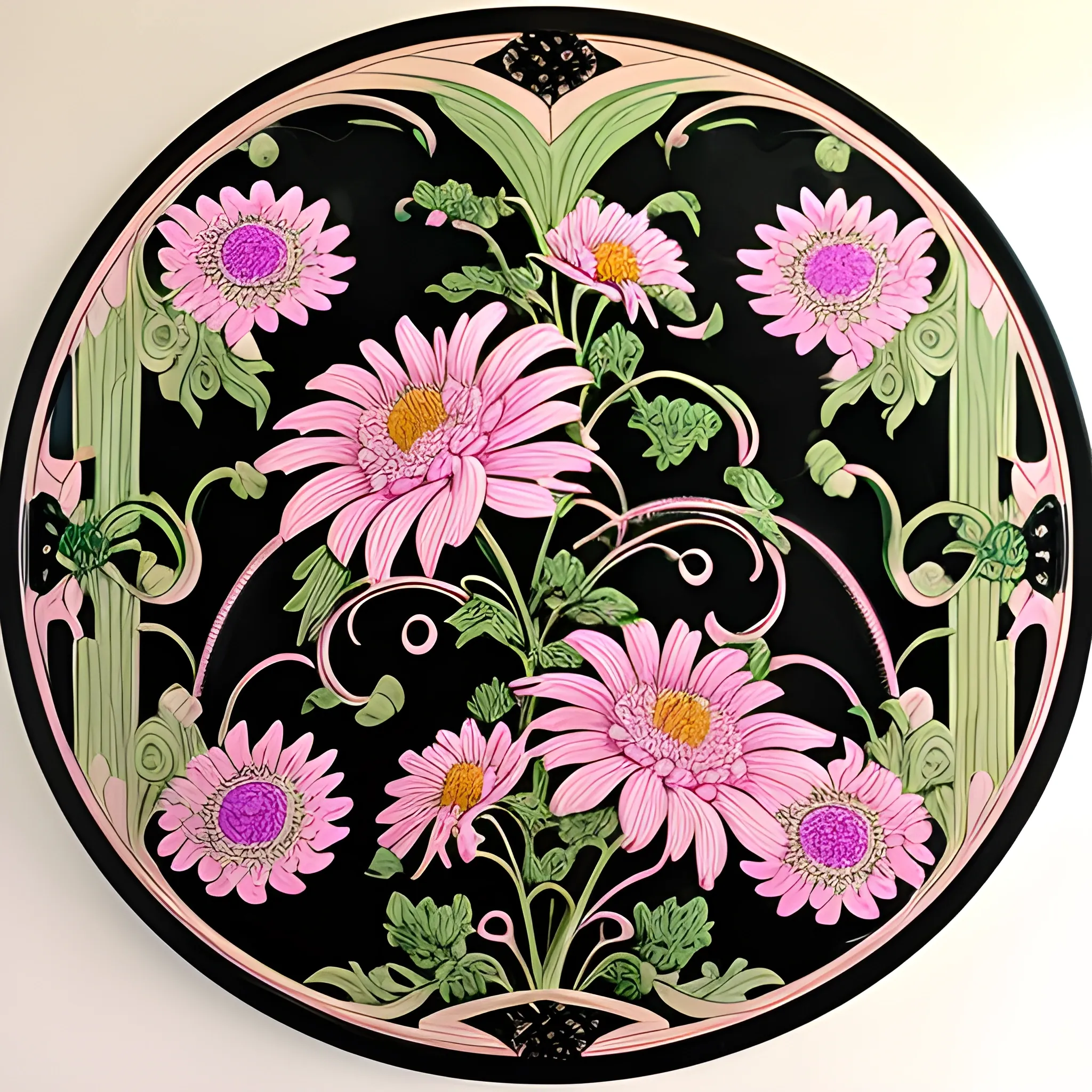 very intricate painted vintage art nouveau  black and baby pink chrysanthemums and flowers with delicate sage green leaves, moth and filigree trim