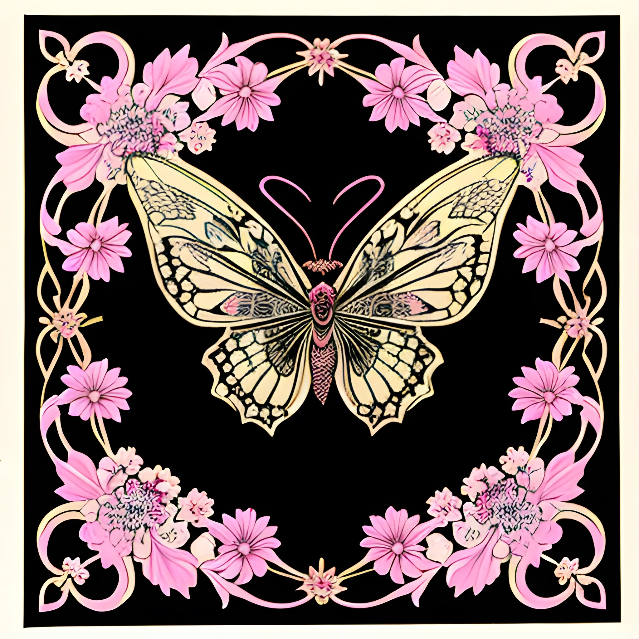 very intricate painted vintage art nouveau  black and baby pink chrysanthemums and flowers with delicate dark green leaves, moth and filigree symmetrical , Water Color