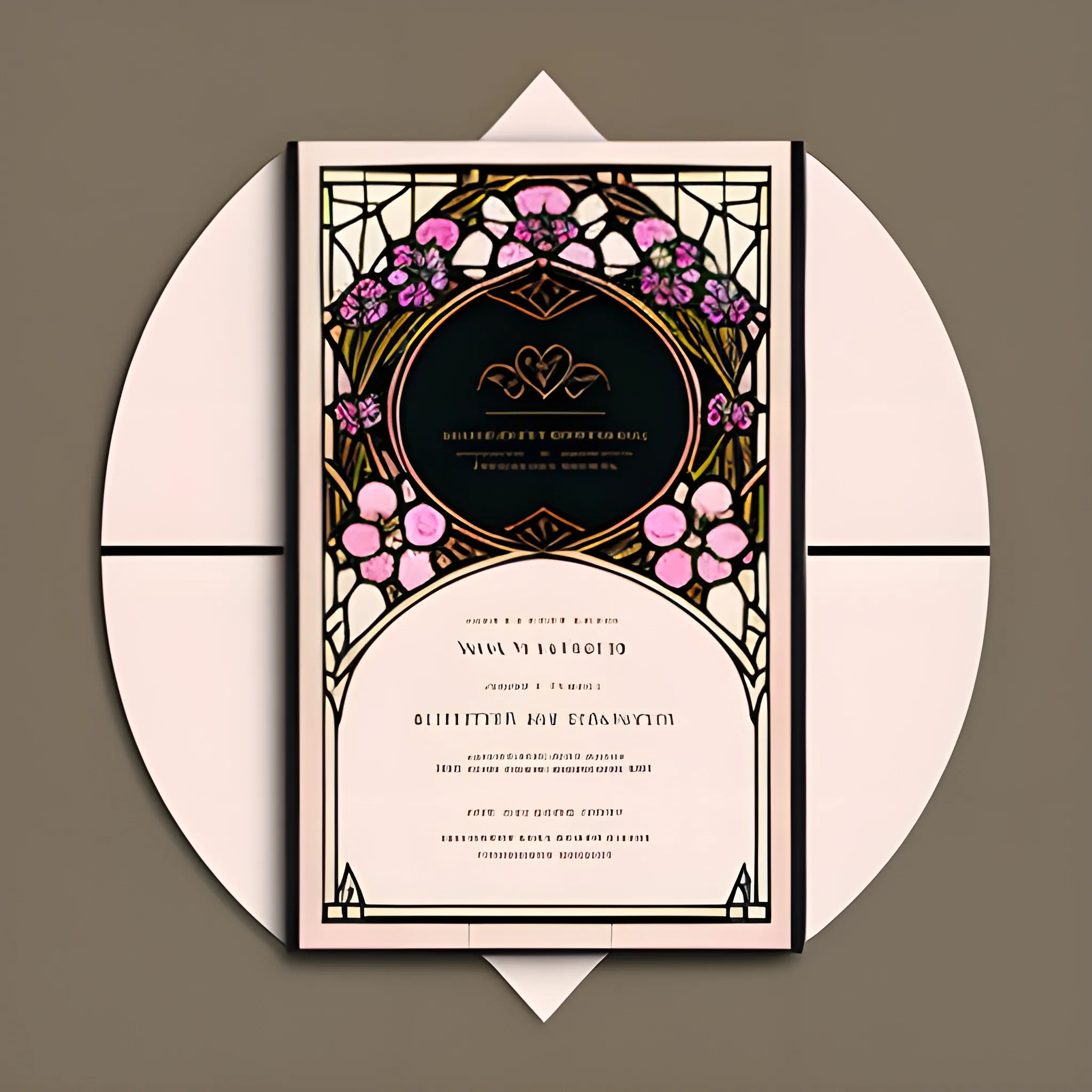 art nouveau, stained glass, earth tones, baby pink flowers, black background , Water Color, vintage, wedding invitation  