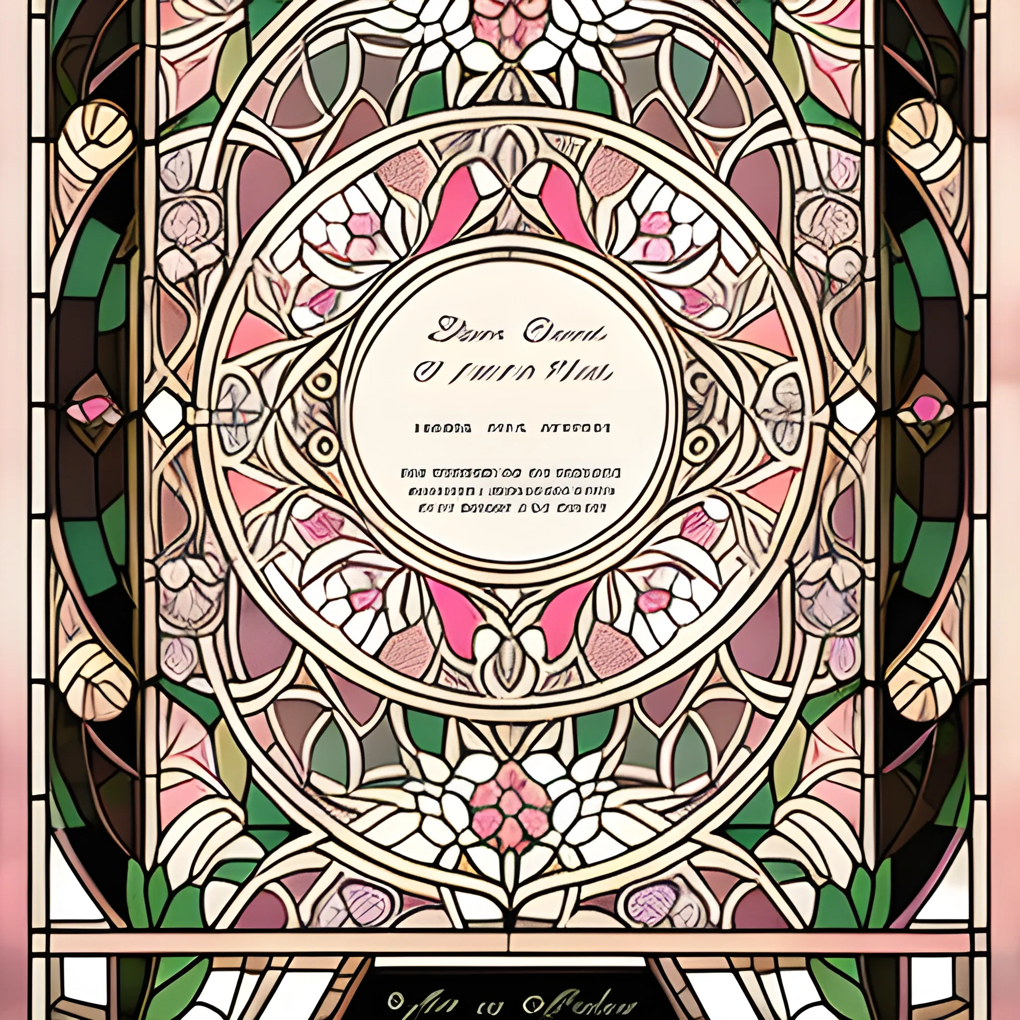 intricate, delicate, art nouveau, stained glass, earth tones, baby pink flowers, black background , Water Color, vintage, wedding invitation, symmetrical filagree 