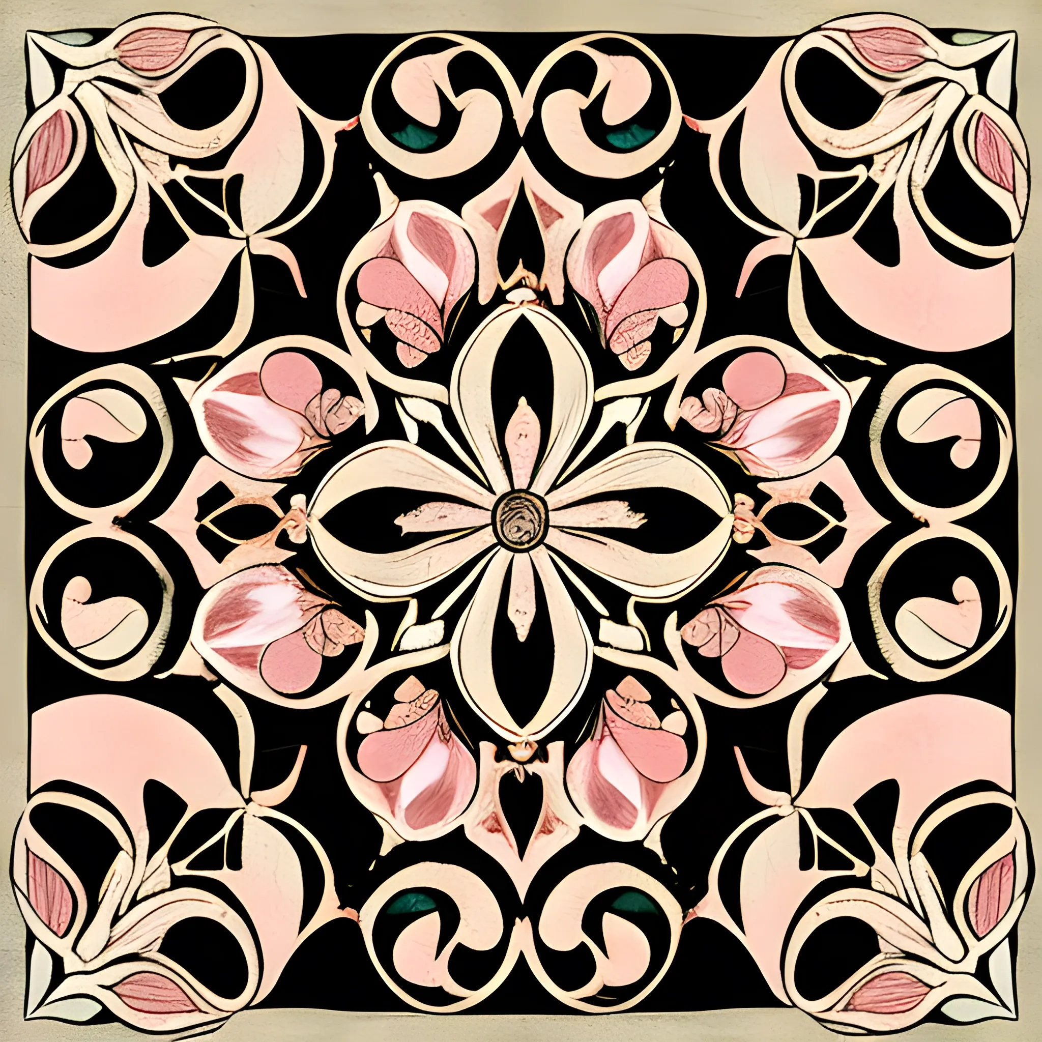 intricate, delicate, enchanting, art nouveau, earth tones, baby pink flowers, black background , Water Color, vintage, symmetrical filagree 