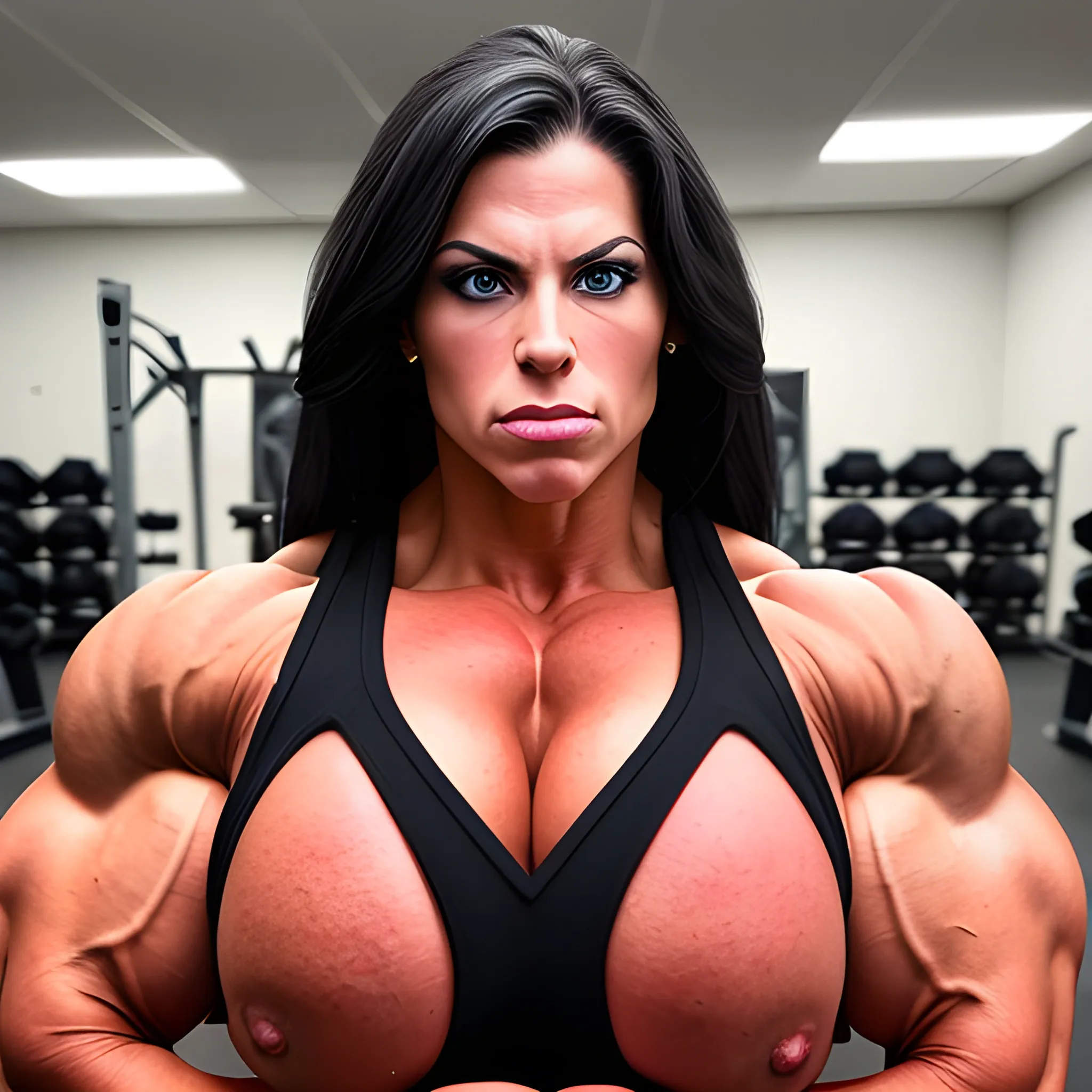 An image of a giant female Bodybuilder, full body, huge bust, and beautiful face 