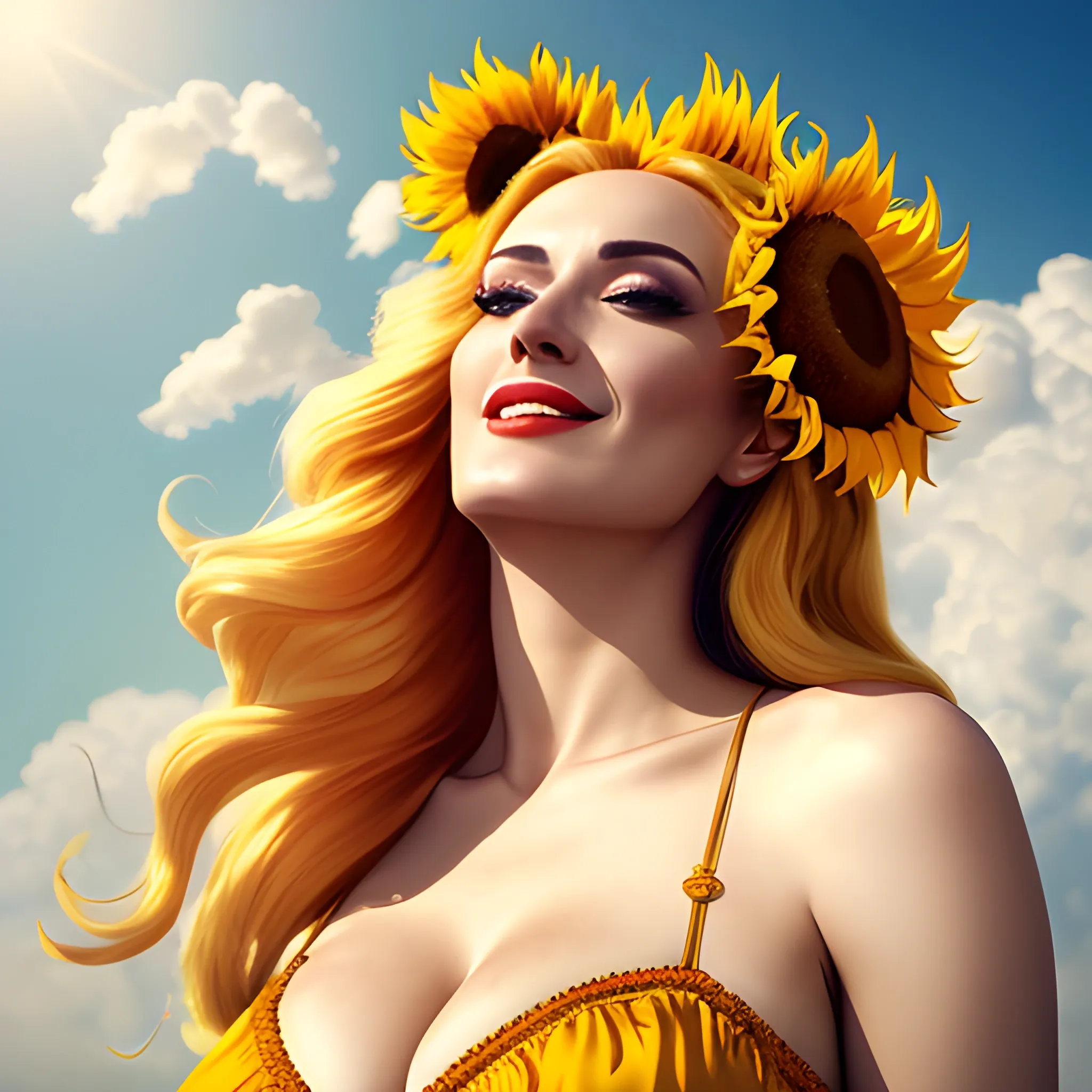 tmasterpiece, high high quality, cinematic Film still from, one-girl,Golden hair,Sunflowers are worn on the head, floating in sky, Cloud Girl, Clouds, (closeup cleavage: 1.1), brightly, cheerfulness, intriguing, gentlesoftlighting, (bauhause, Shape, lineworks, abstracted: 1.1), 