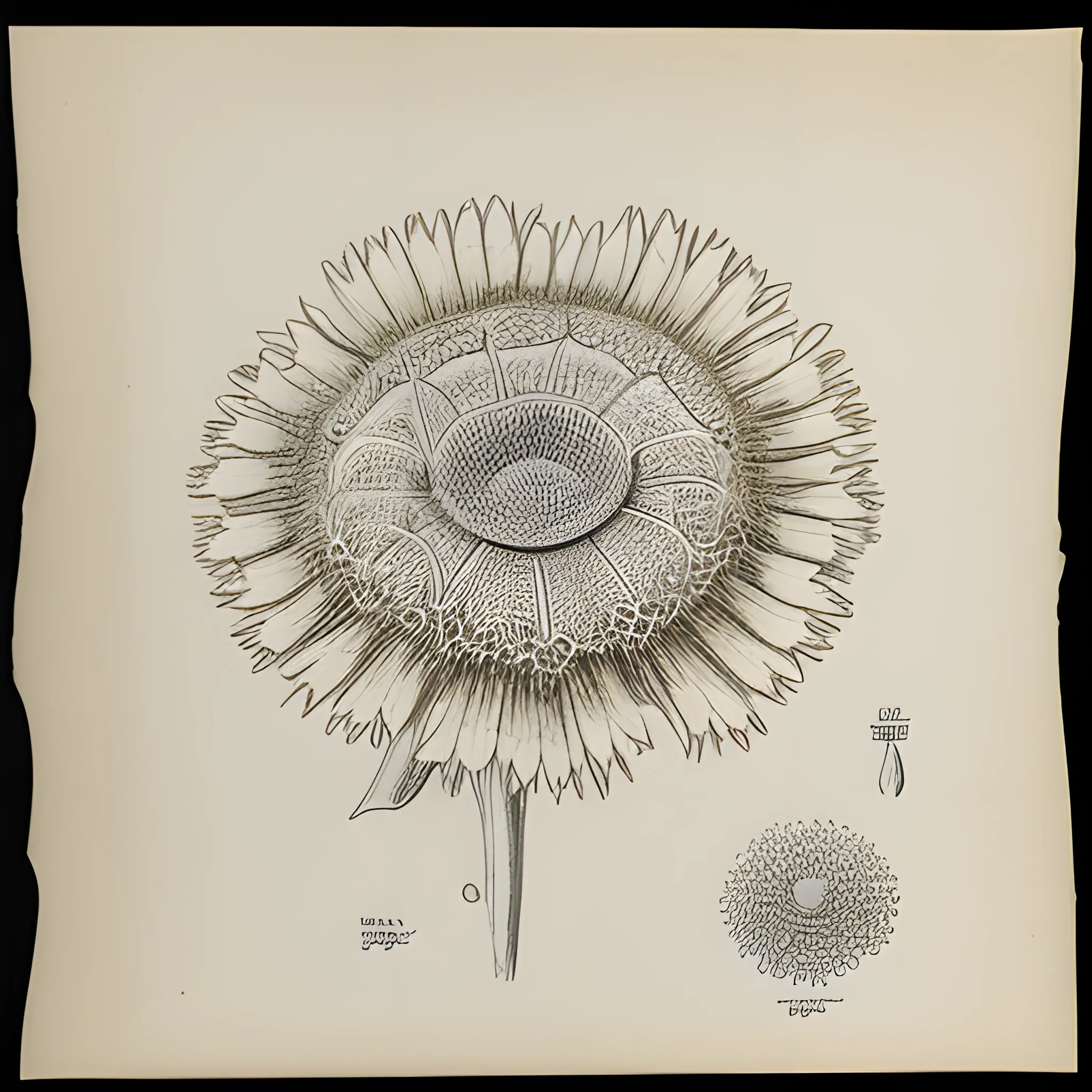 scientific drawing of Matricaria chamomilla (Matricaria recutita), unusually detailed, ink on white paper, single, isolated specimen
