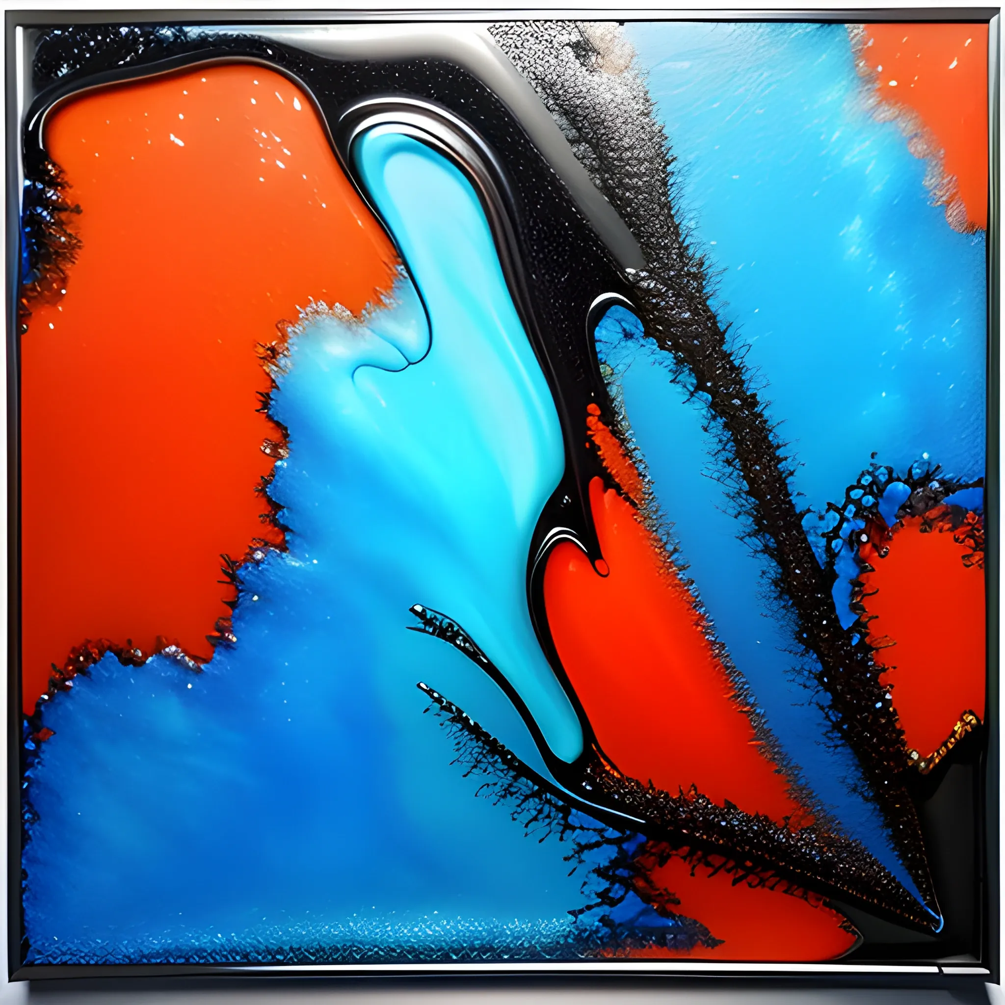 resin artwork, Ultra-high definition, liquid art, resin pour, sky blue, red, orange, grey, black,