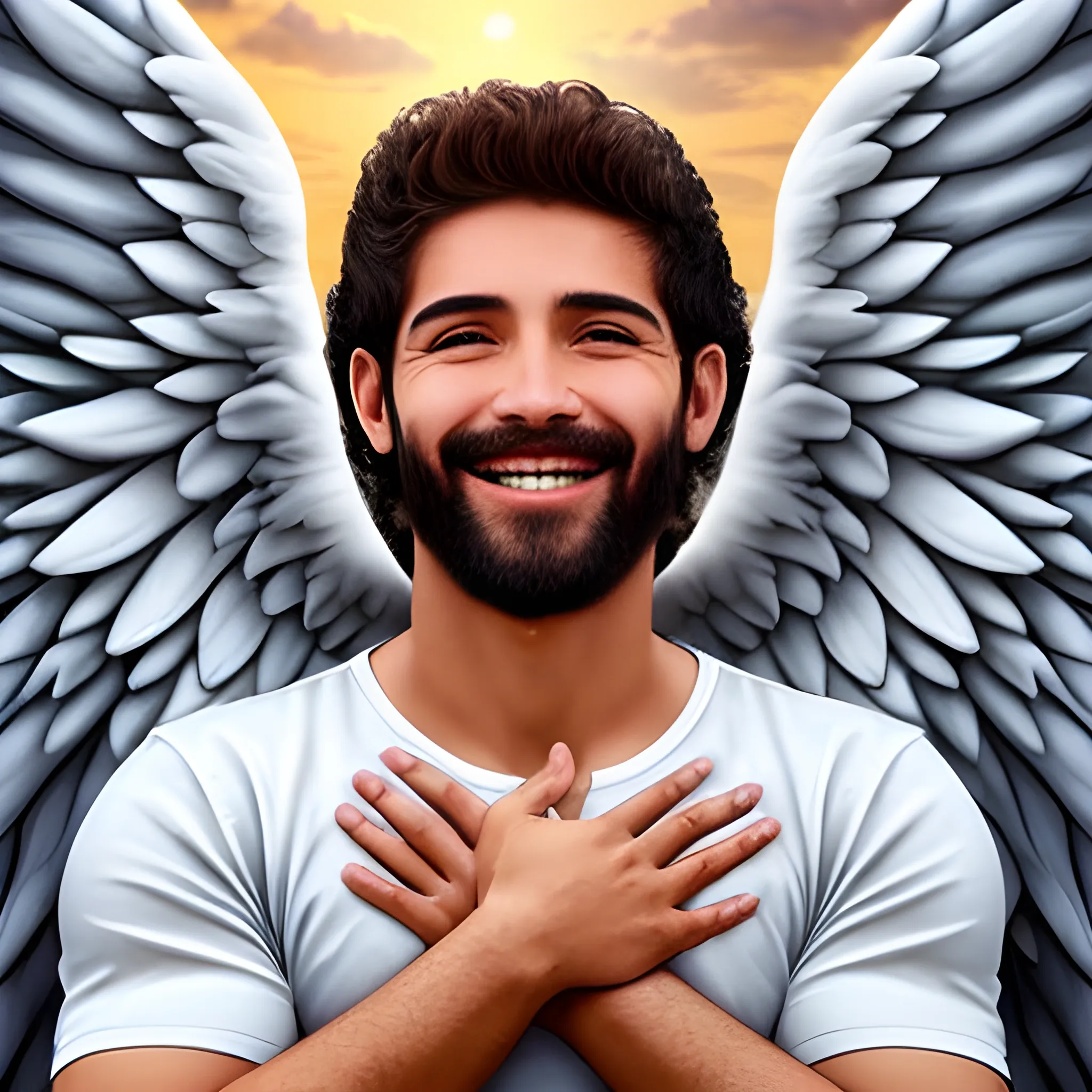 Hombre que llega al cielo un angel recibe y Dios le da la bienvenida con los brazos abiertos y una sonrisa en su rostro.