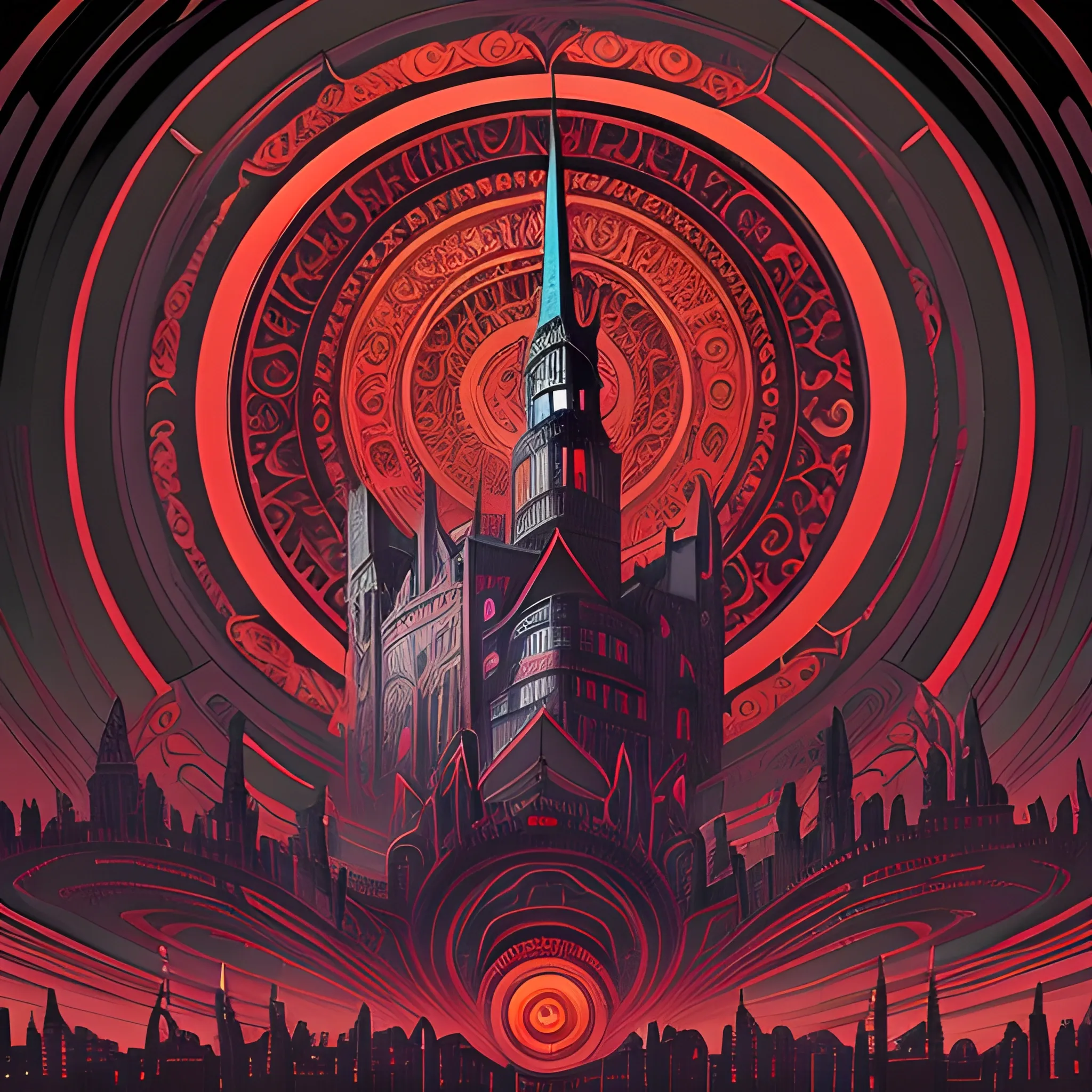 An image of ae Art Nouveau painting, red and sillver colors, spirals,  true aesthetics,  psychedelic art nouveau style spiral. gothic style  postapocaliptic city in the background, dark night, art by Greg Rutkowski, acrylic, high contrast,, ultra detailed, ultra quality, CGSocietyHighly detailed, highest quality