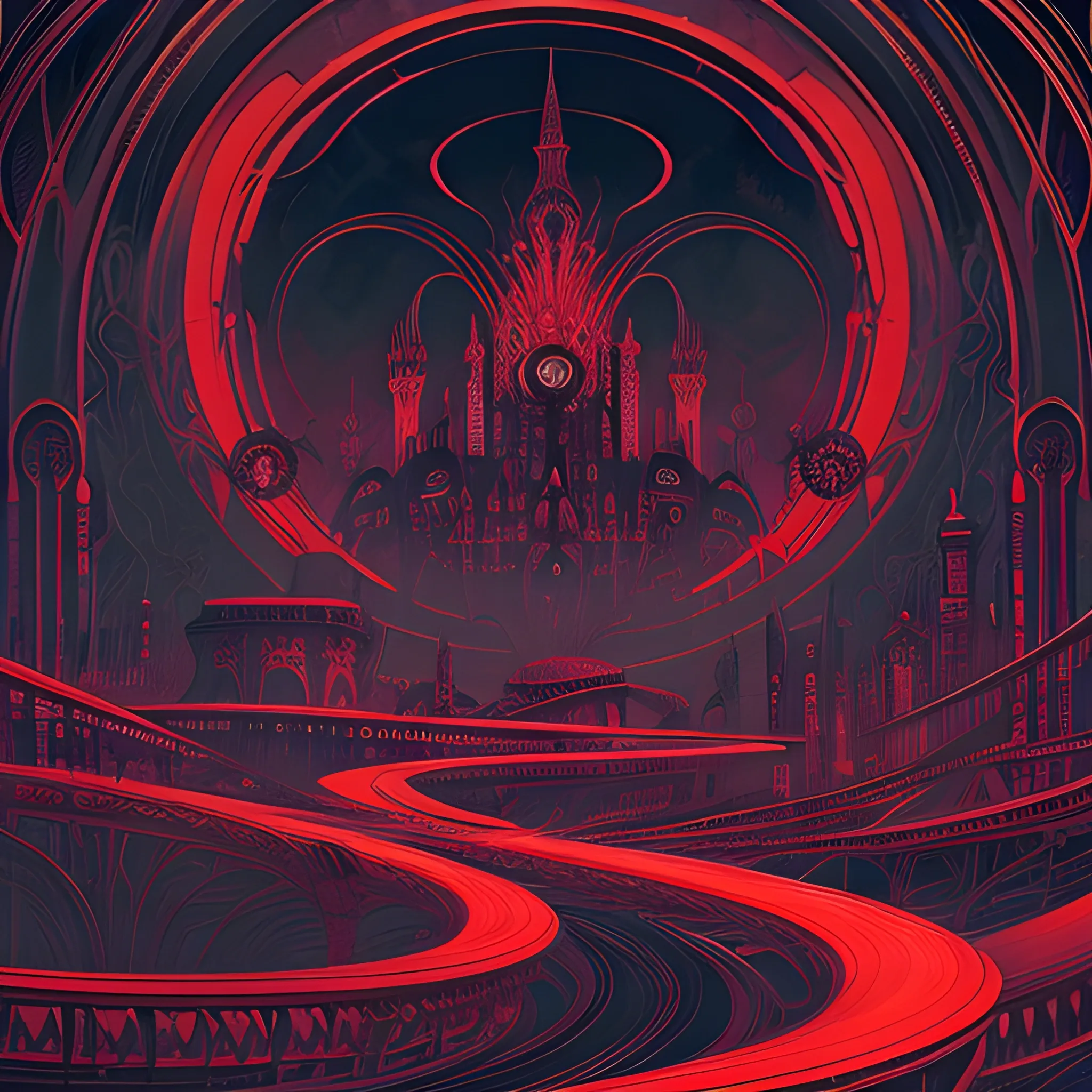 An image of ae Art Nouveau painting, red and sillver colors, spirals,  true aesthetics,  psychedelic art nouveau style spiral. gothic style  postapocaliptic city in the background, dark night, art by Greg Rutkowski, acrylic, high contrast,, ultra detailed, ultra quality, CGSocietyHighly detailed, highest quality