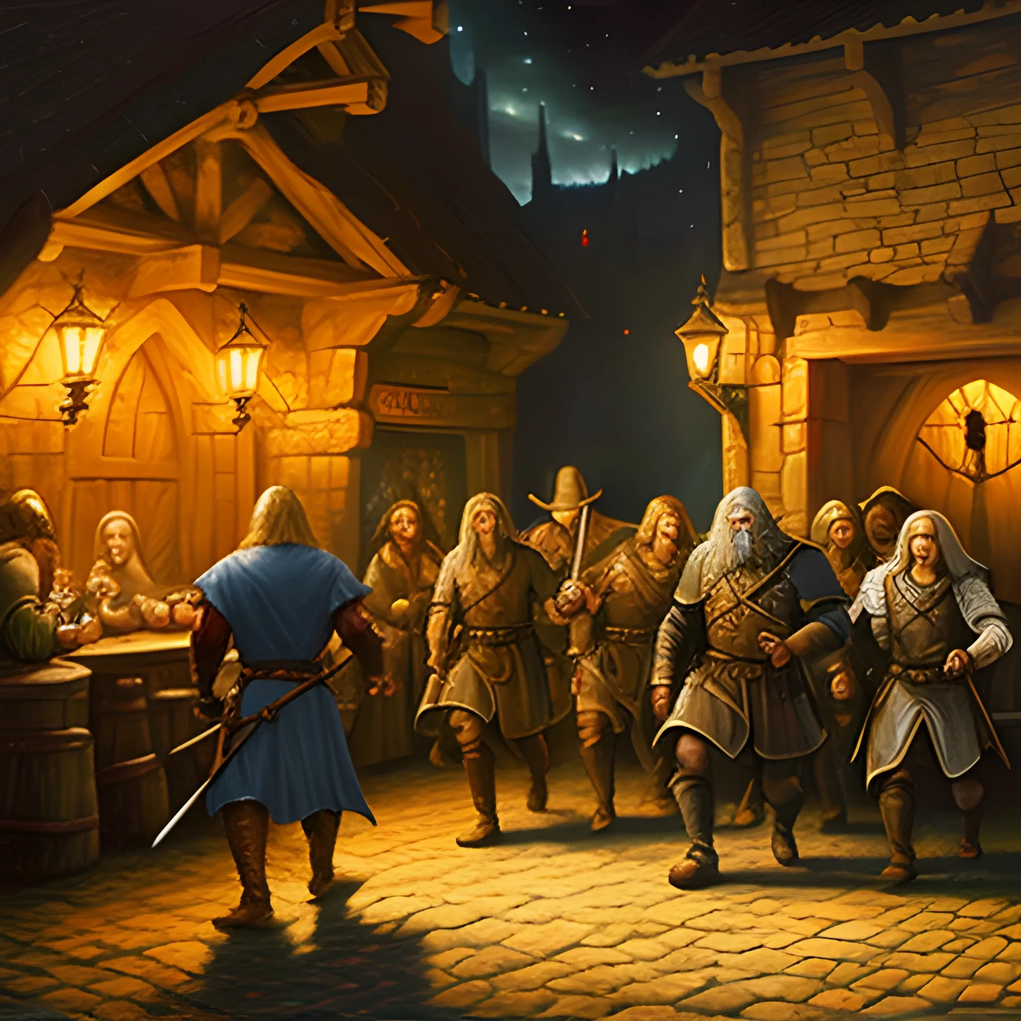 brigands entering the tavern at night, middle earth, Oil Painting
