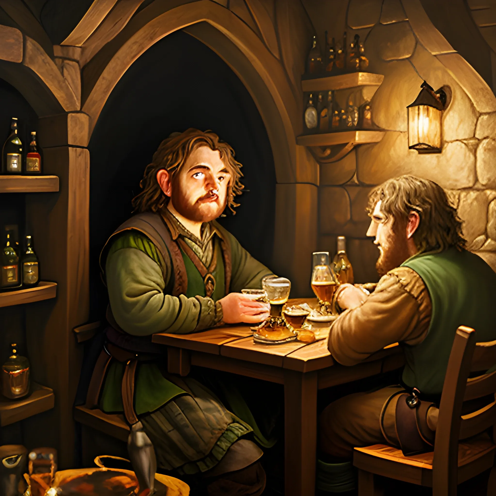 drunken hobbit in the tavern at night, middle earth, Oil Painting