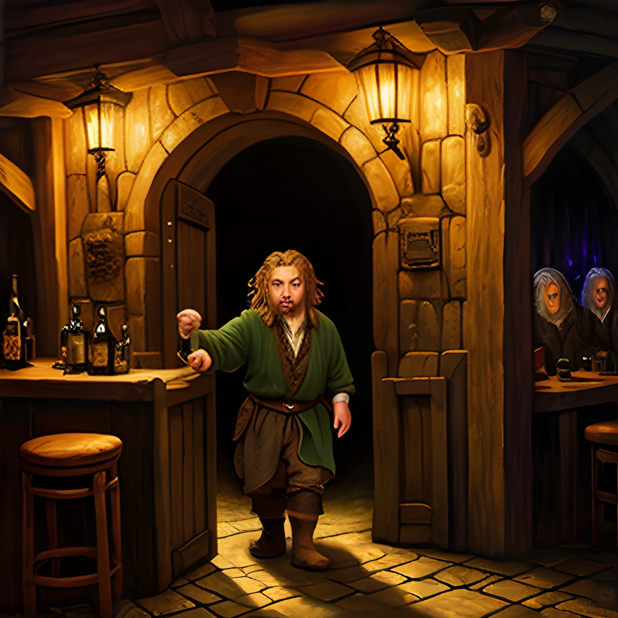 drunken hobbit walking inside the tavern at night, middle earth, Oil Painting