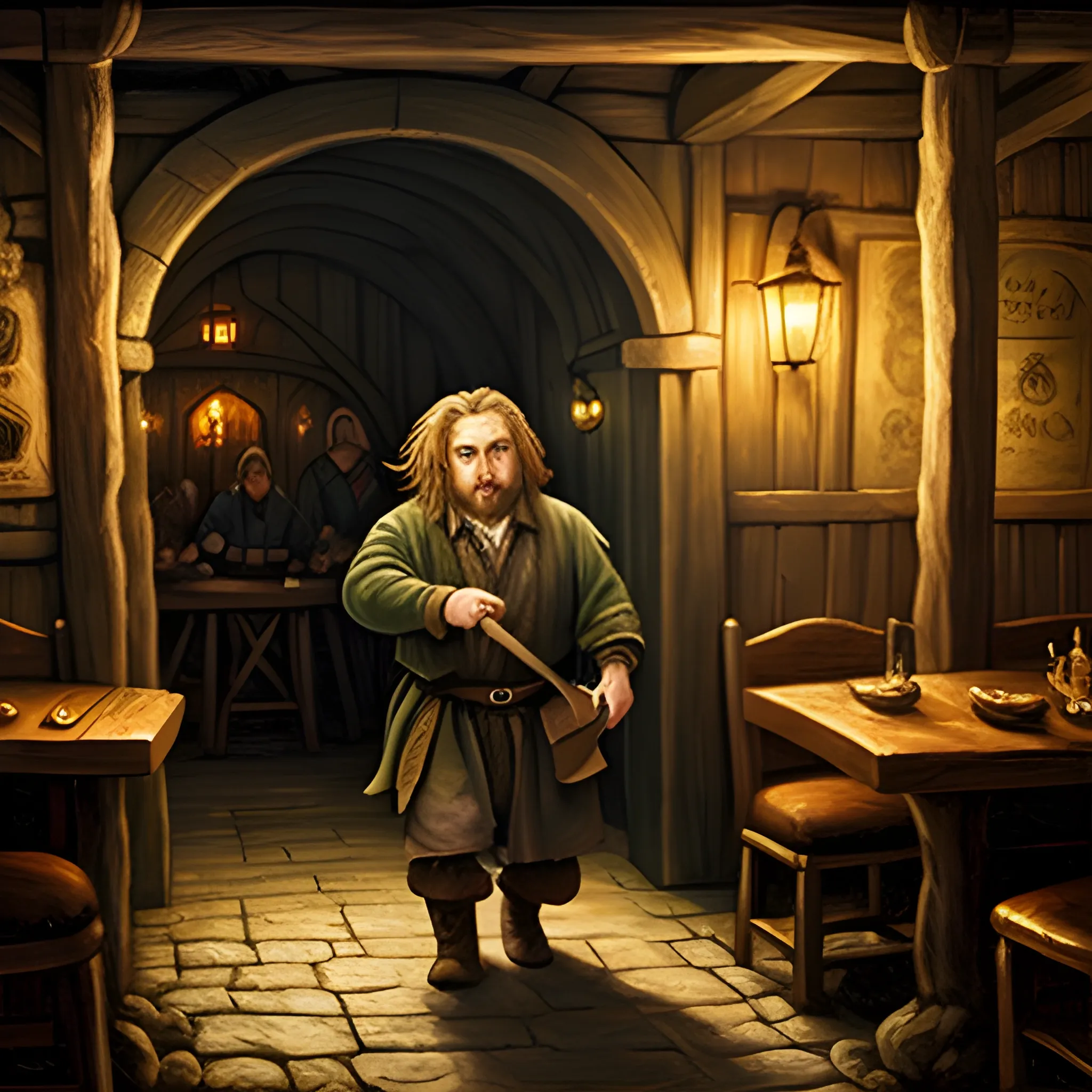 drunken hobbit walking inside the tavern at night, middle earth, Oil Painting