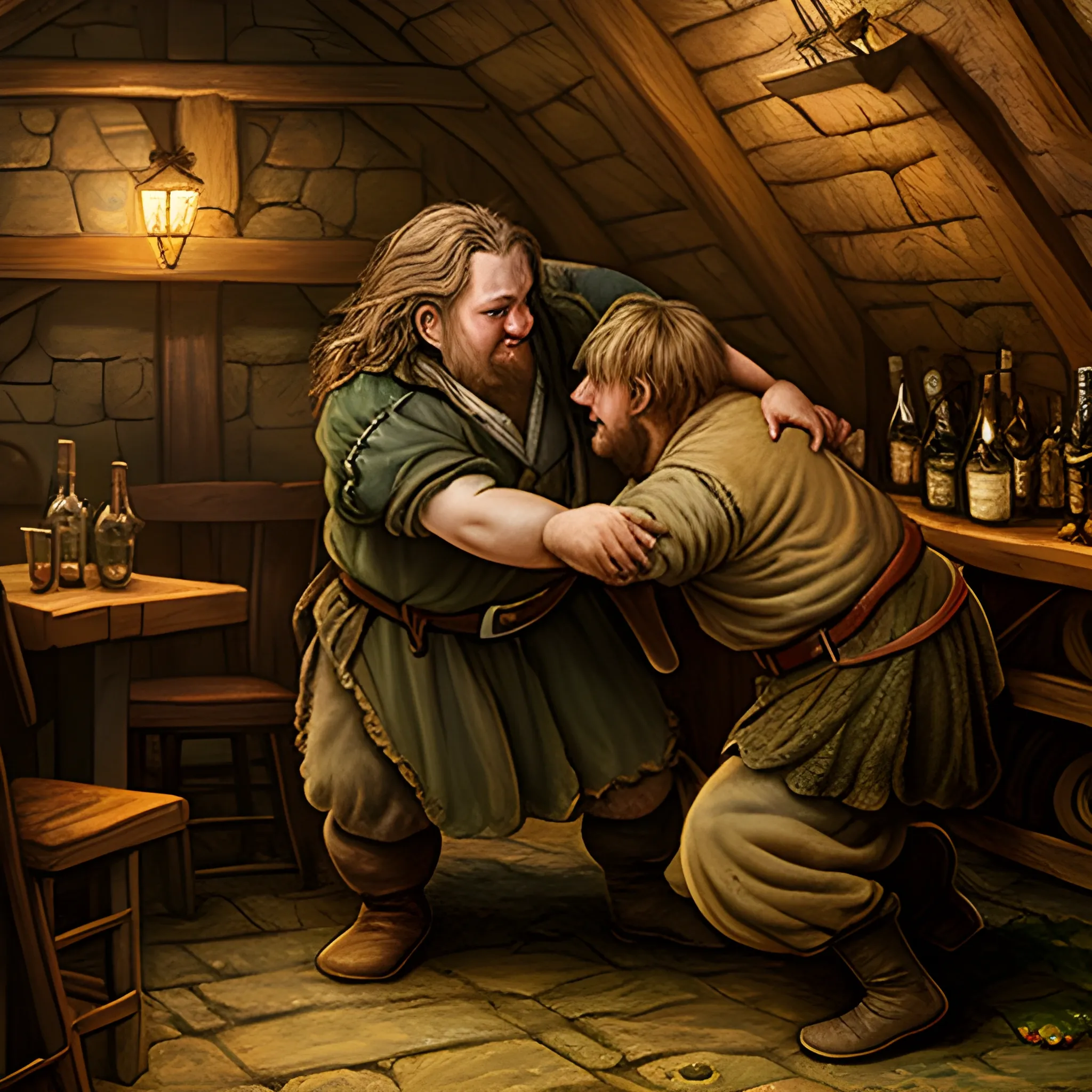 drunken hobbit grabbed by the neck by a brigand in the tavern at night, middle earth, Oil Painting