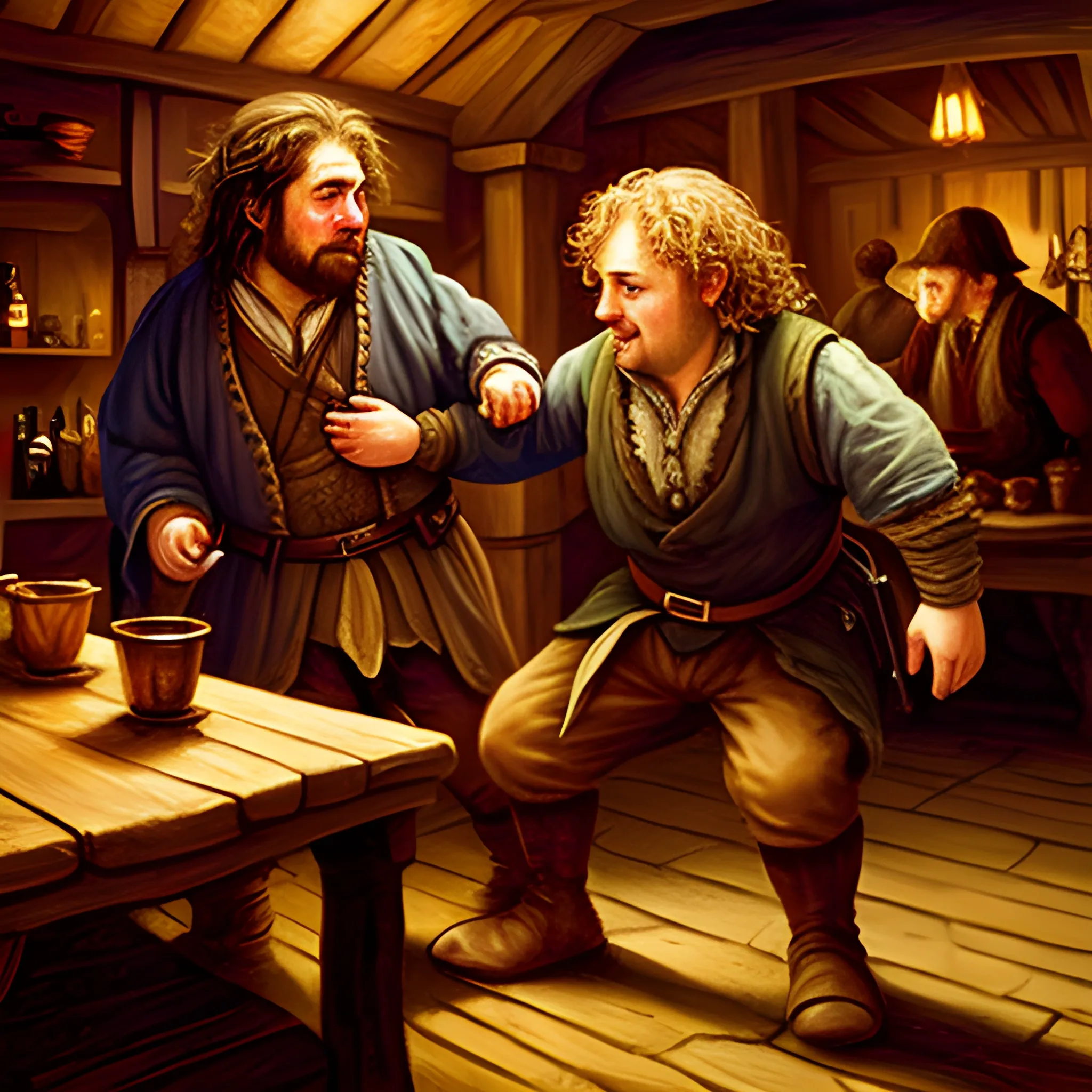 drunken and short hobbit grabbed by the neck by a tall brigand in the tavern at night, middle earth, Oil Painting