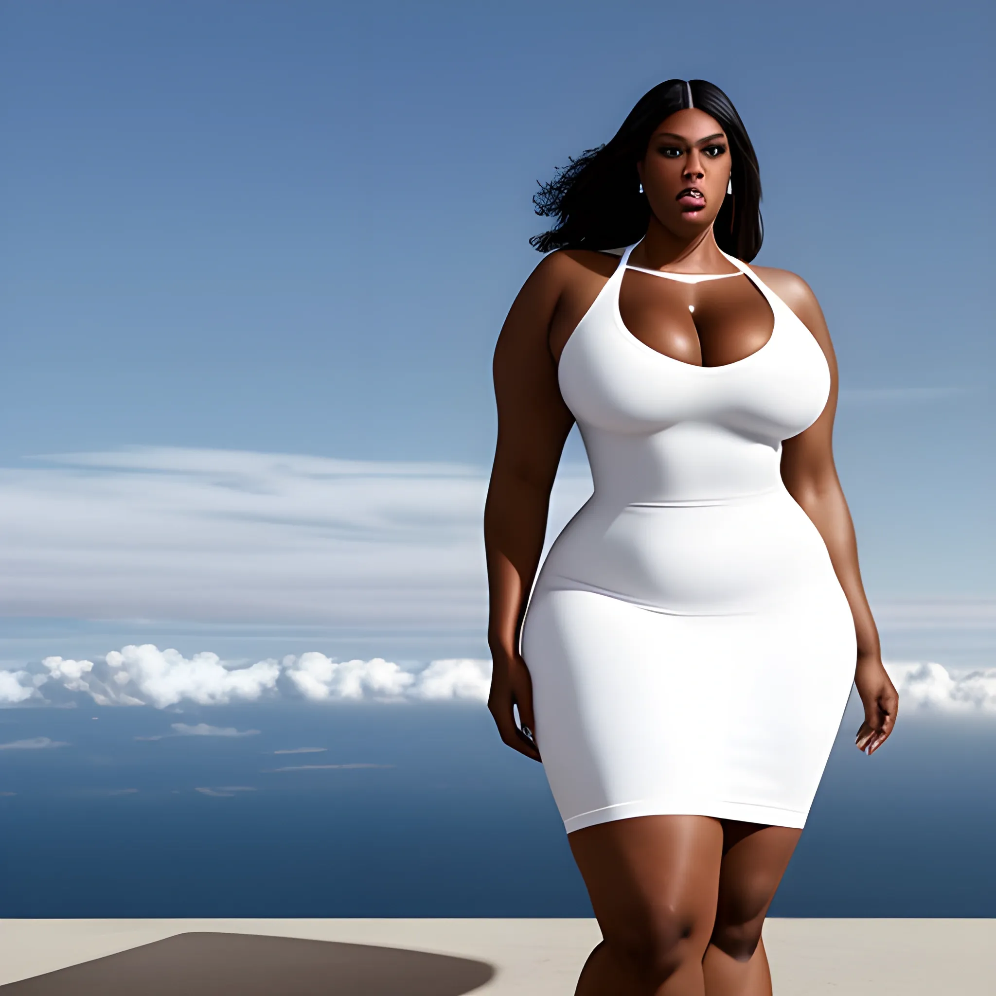 extremly tall, huge, massive plus size and muscular beautiful black girl in plain tight white dress, with very broad shoulders, long neck, small narrow head with long chin standing out, towerring under the clouds and looking down to us