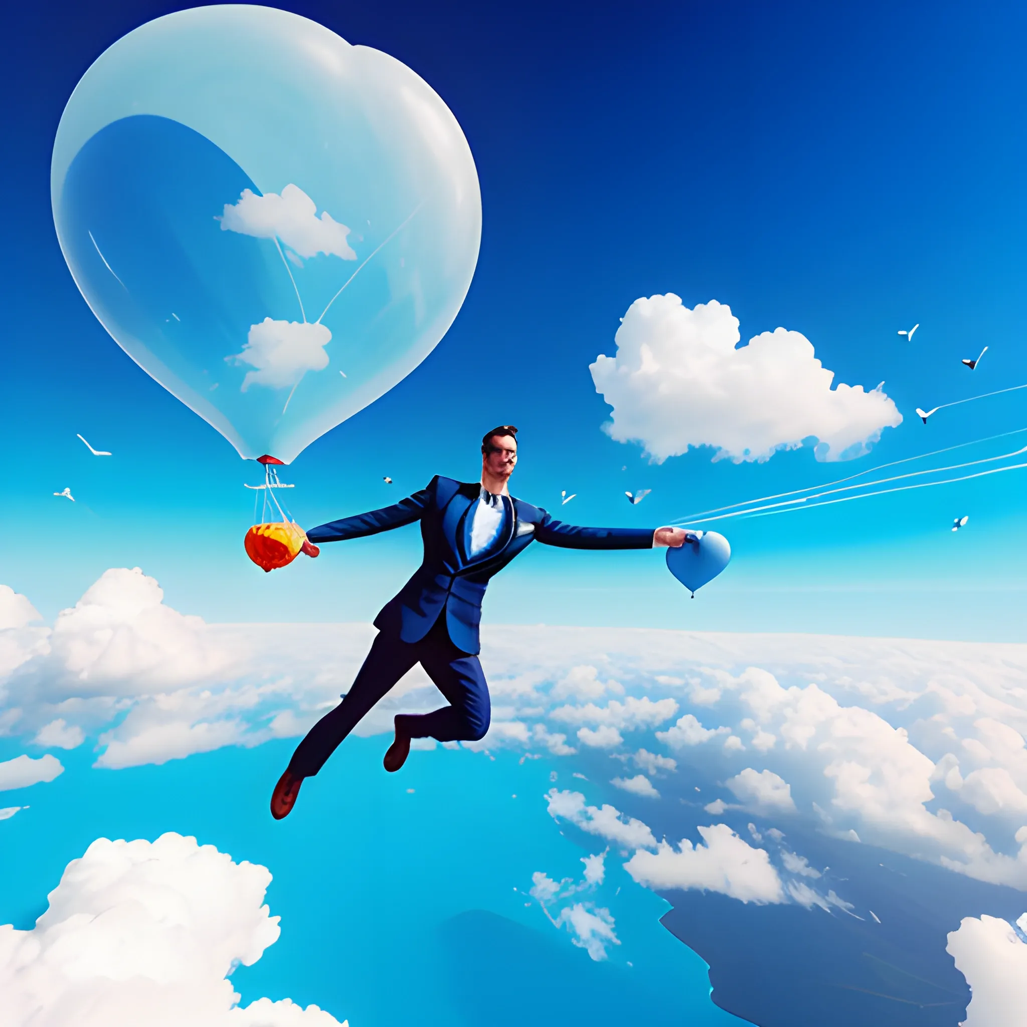 man and young son flying in blue sky surrounded by animal shaped clouds and balloons
